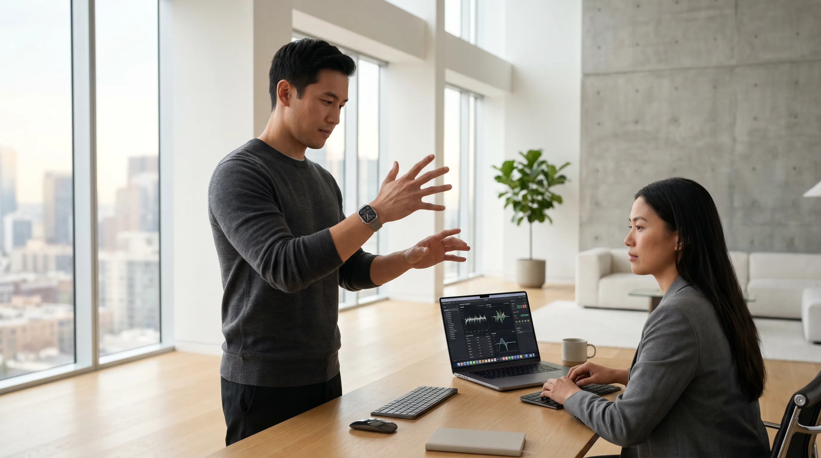 Developer testing hand-tracking interactions while colleague monitors motion data on laptop.