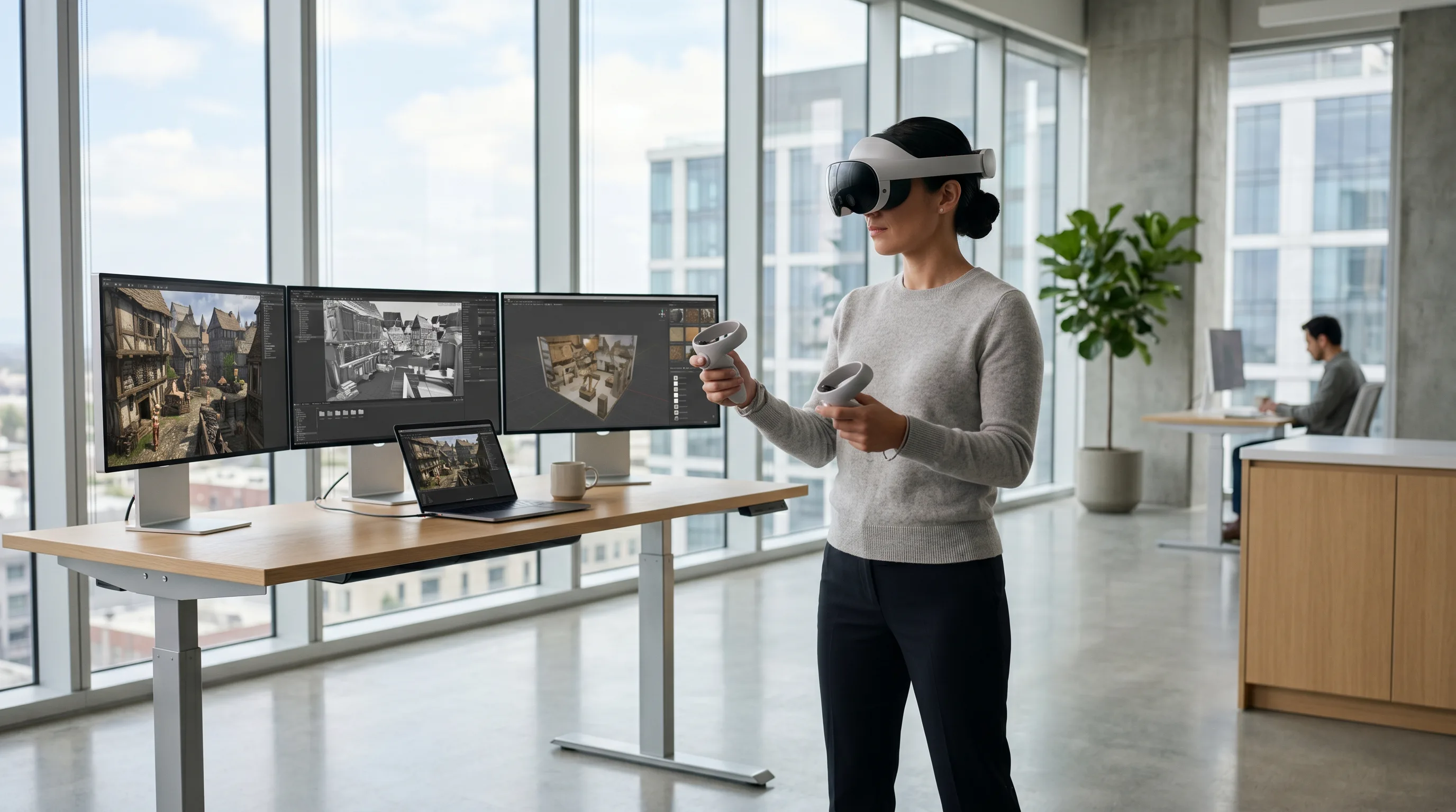 VR developer testing immersive game in bright minimalist studio with sleek headset and monitors.