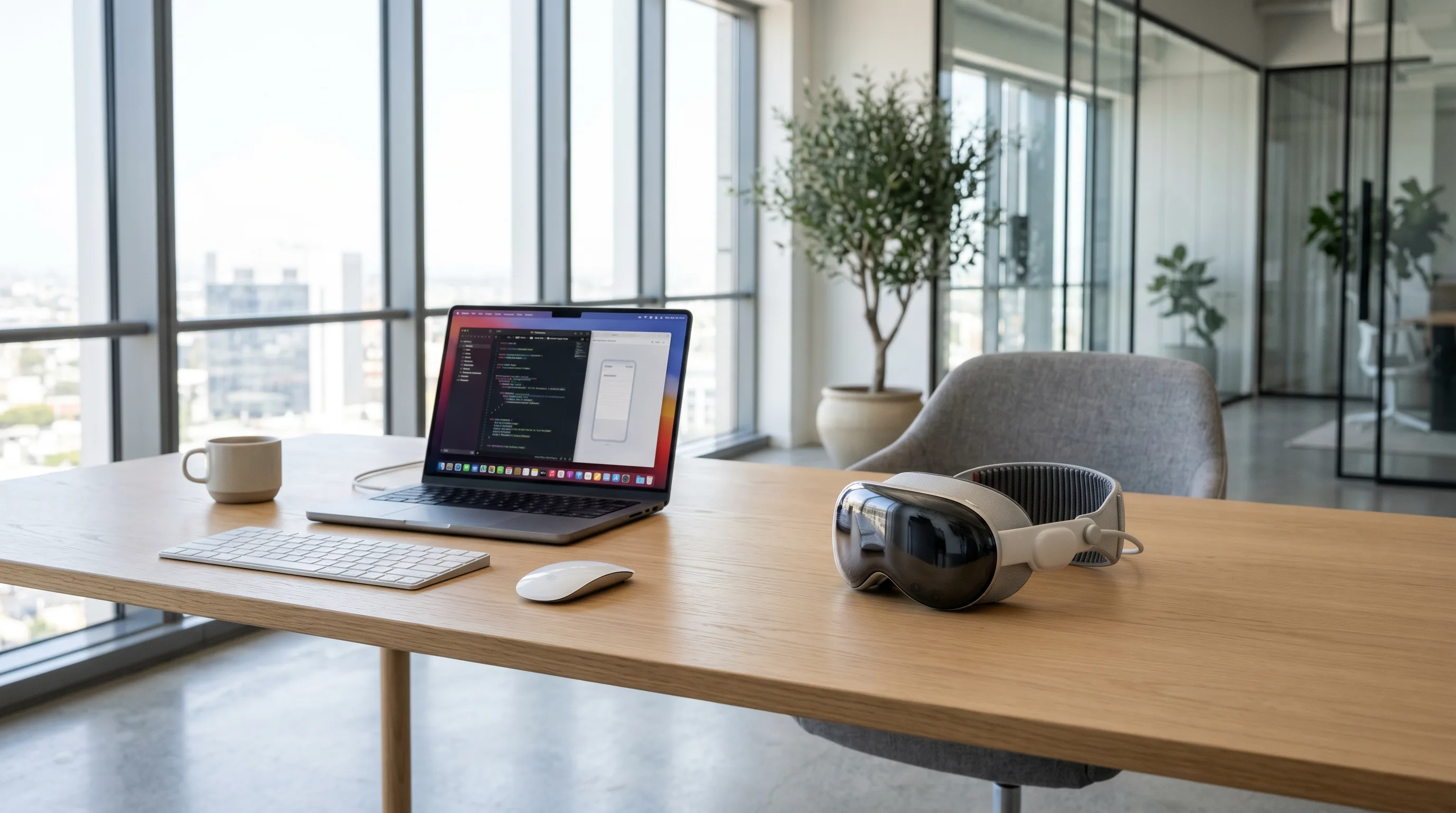Developer desk with a laptop showing code and a phone UI preview beside a white visor-style headset on a knit head strap