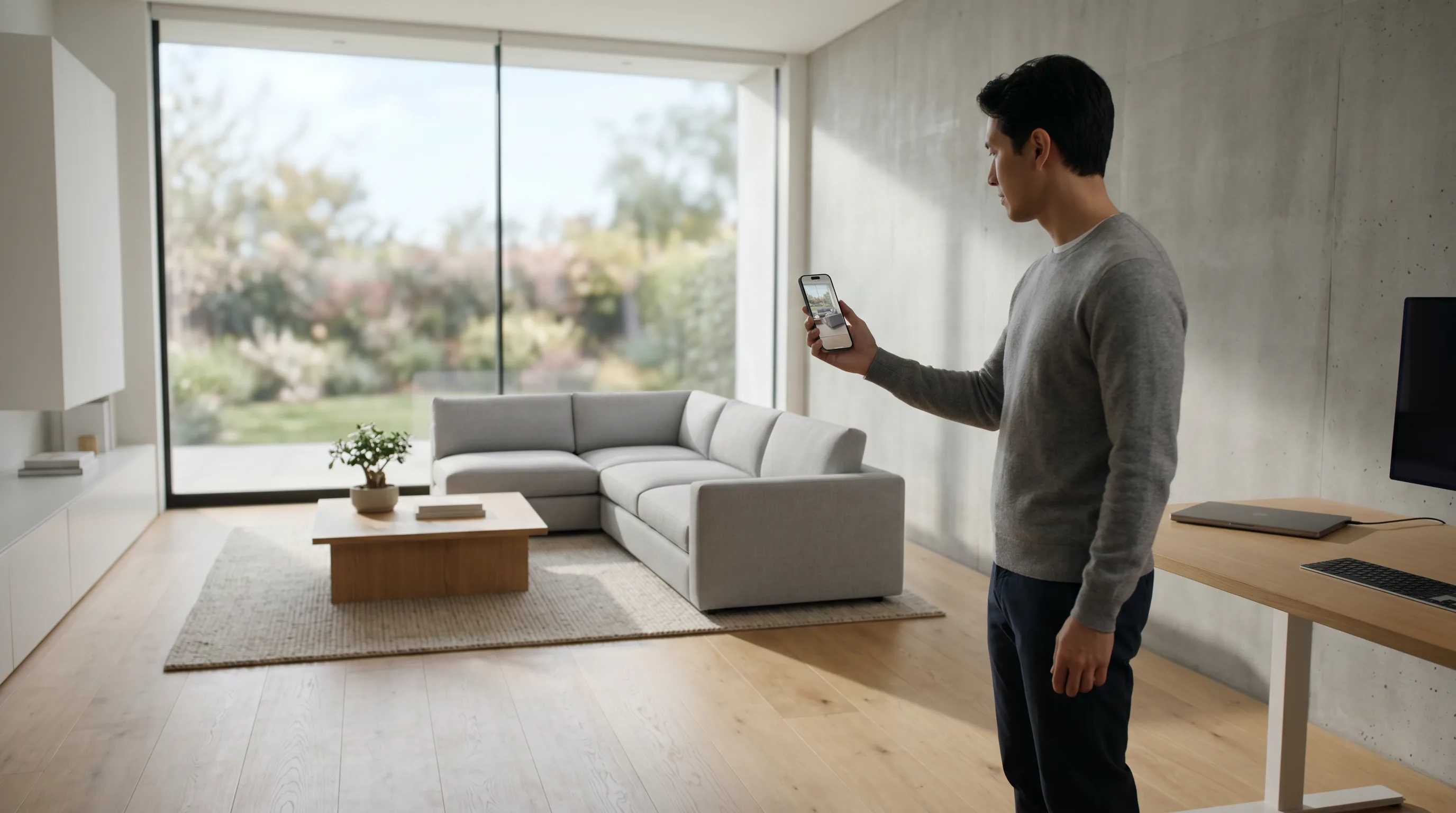 Man holds up a phone in a minimalist living room to preview a sofa in augmented reality before buying