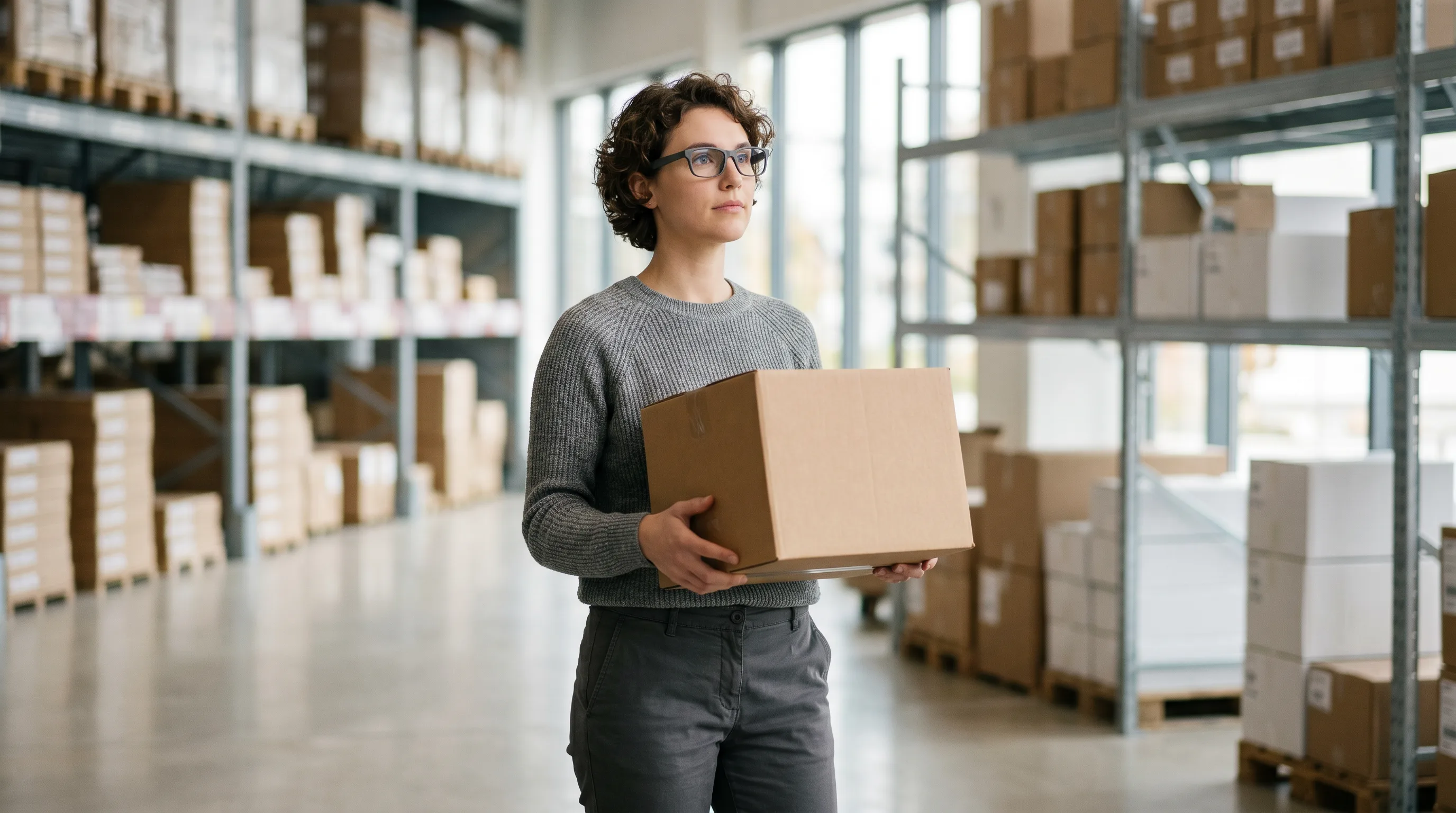 Warehouse worker in a gray sweater carrying a sealed cardboard box down an aisle of stocked pallet racking