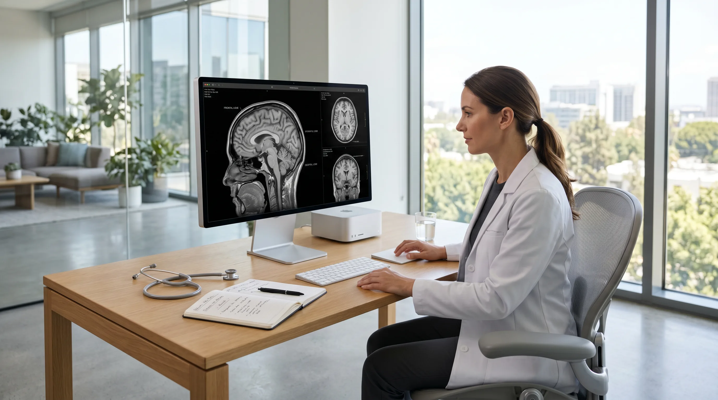 Doctor in a white coat reviewing labelled brain MRI scans on a large desktop display in a bright clinic