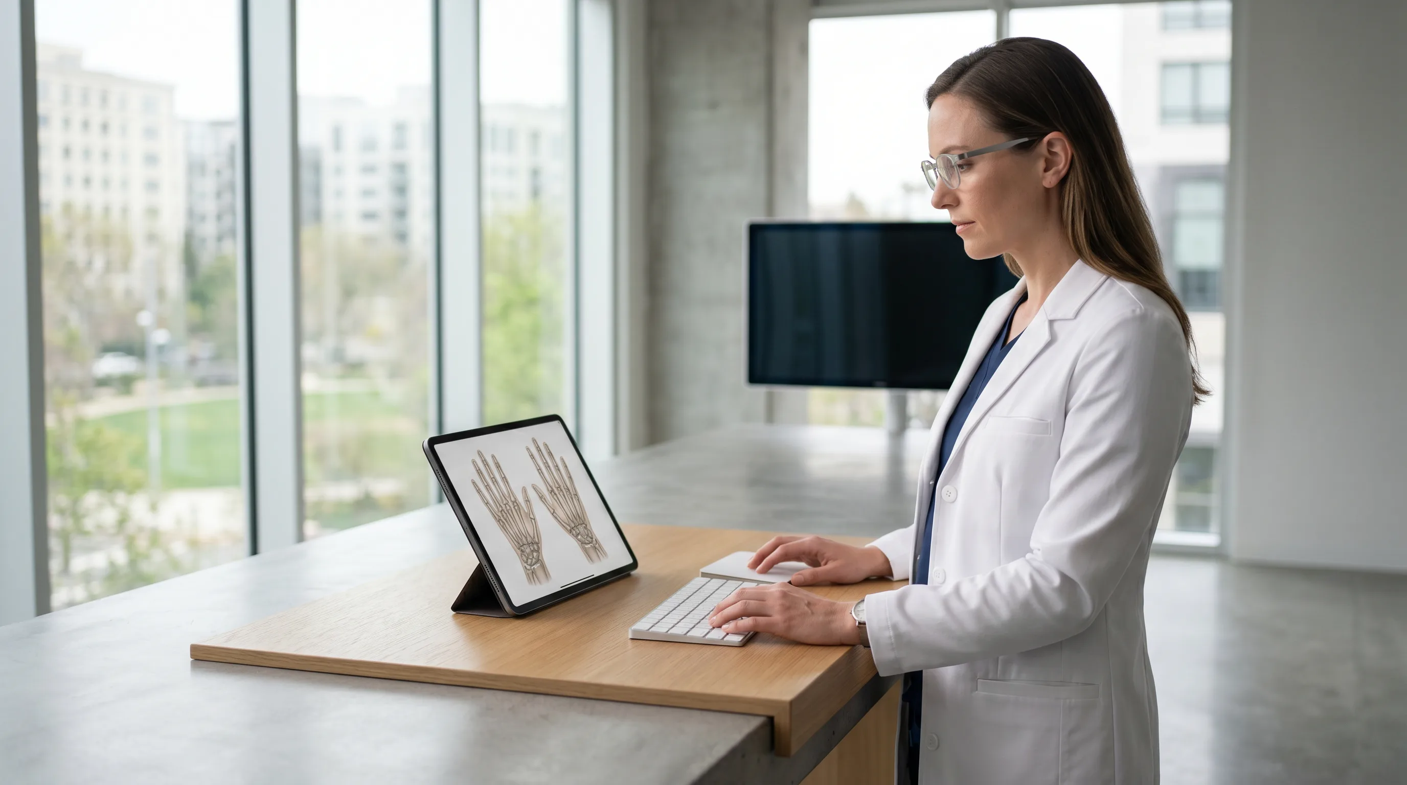 Clinician at a standing desk typing while a tablet displays an anatomical illustration of the bones of both hands