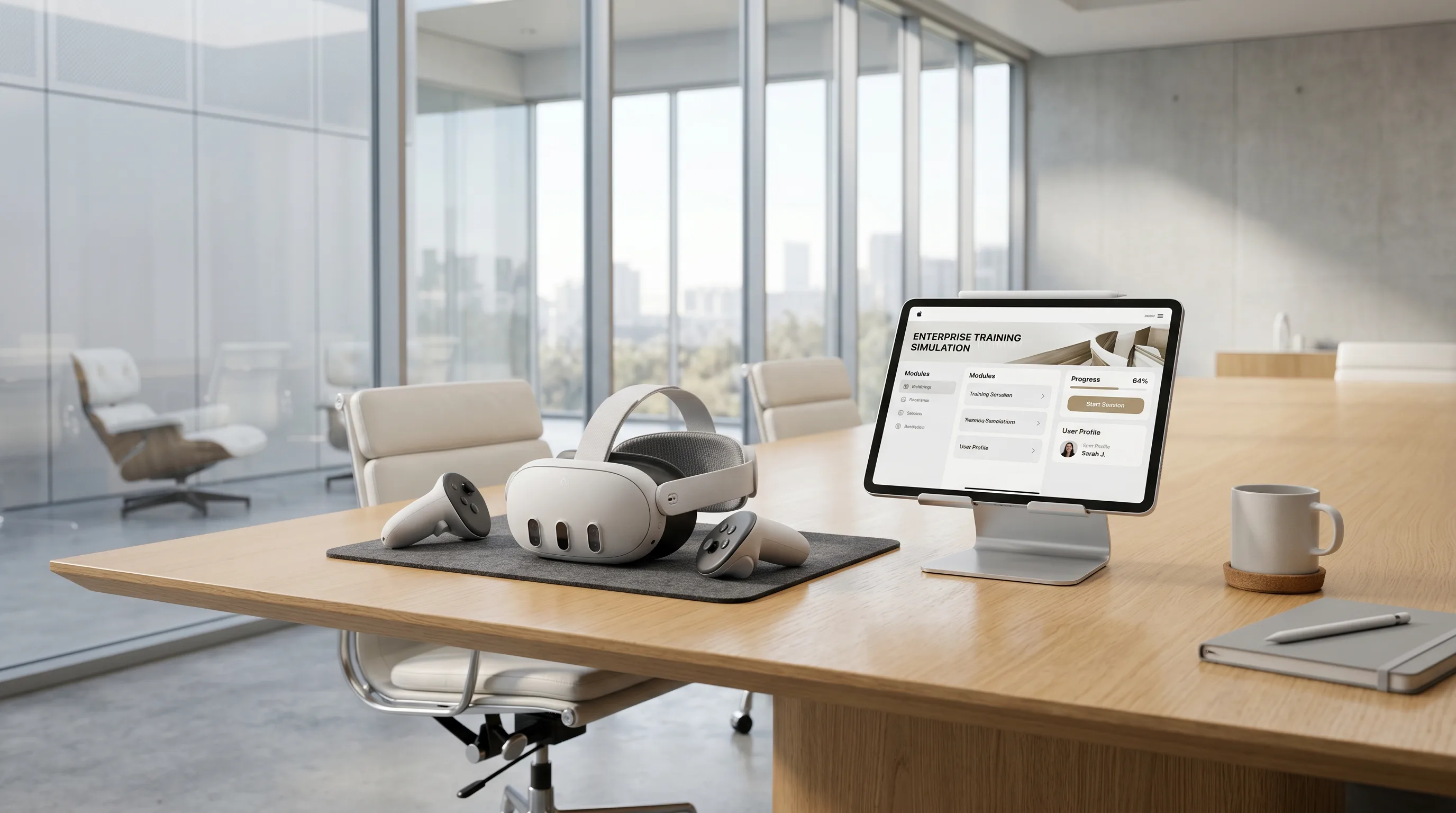 White VR headset and two controllers on a felt mat beside a tablet running an enterprise training simulation app