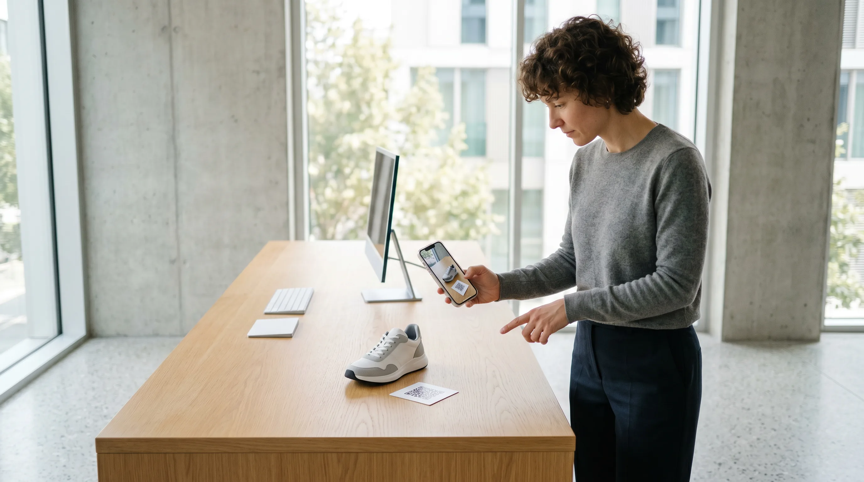 Woman aiming her phone at a sneaker and a printed QR card on a desk to launch an augmented reality product view