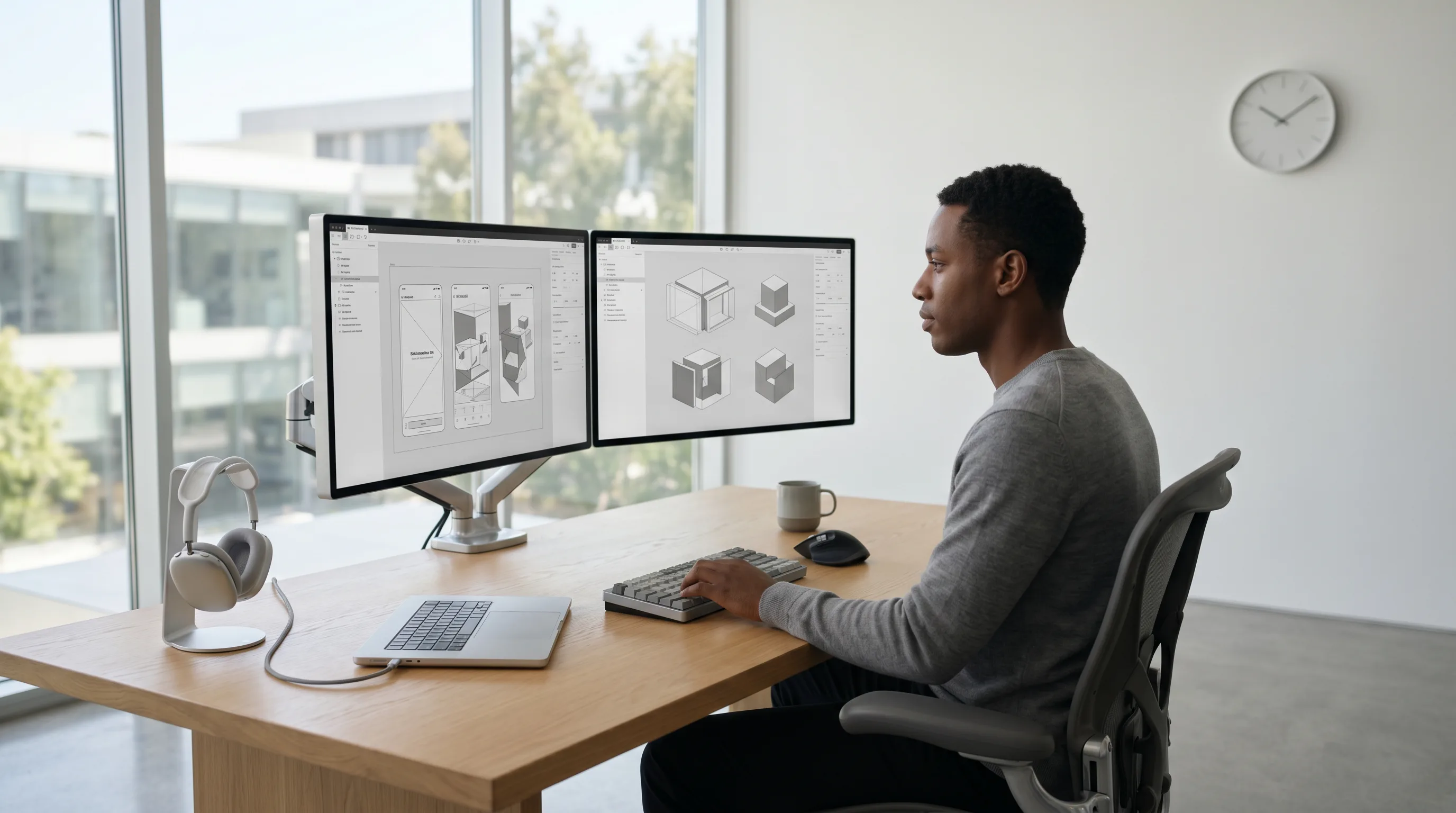 Designer at dual monitors working on mobile app wireframes and isometric 3D packaging diagrams