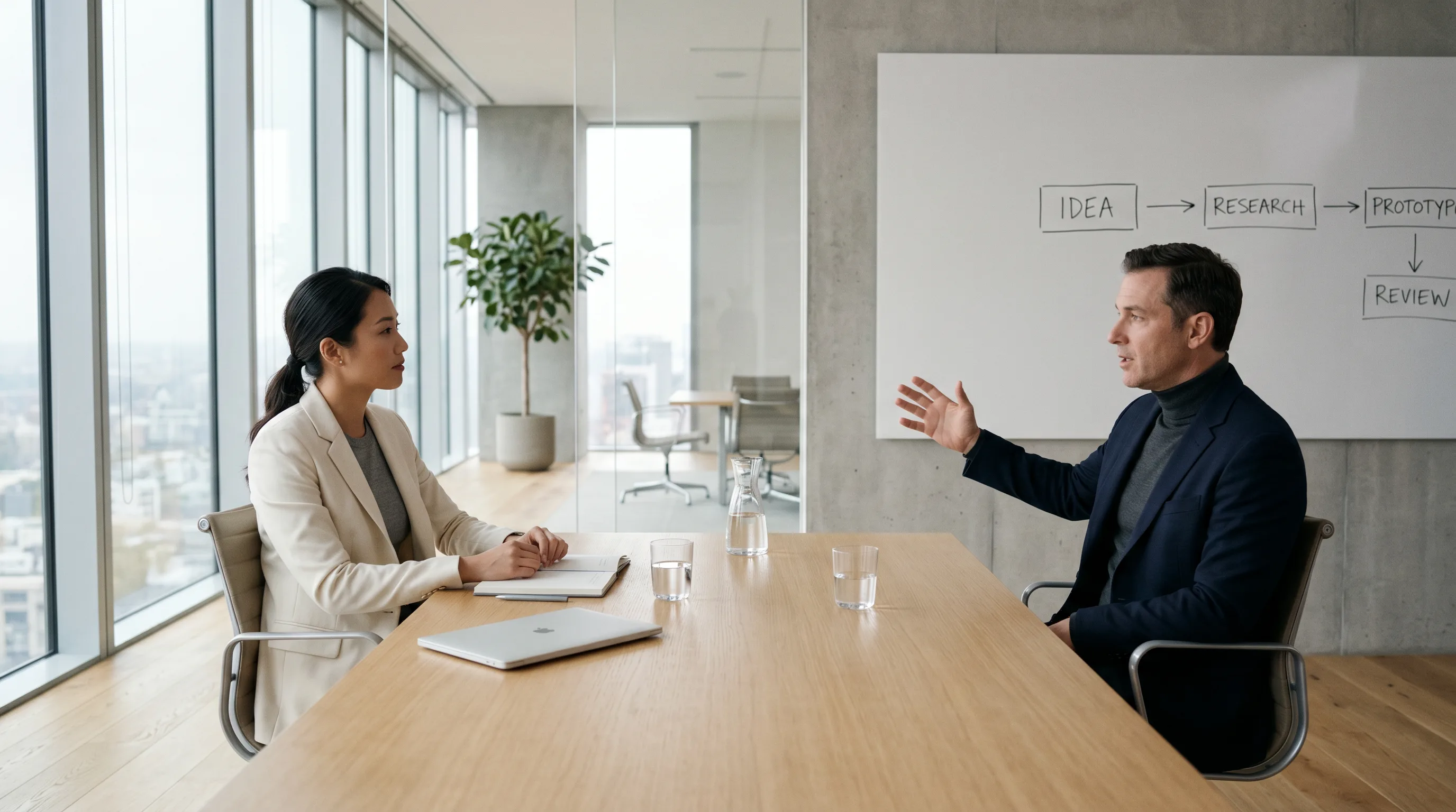Two colleagues talk across a meeting table in front of a whiteboard flow: Idea, Research, Prototype, Review