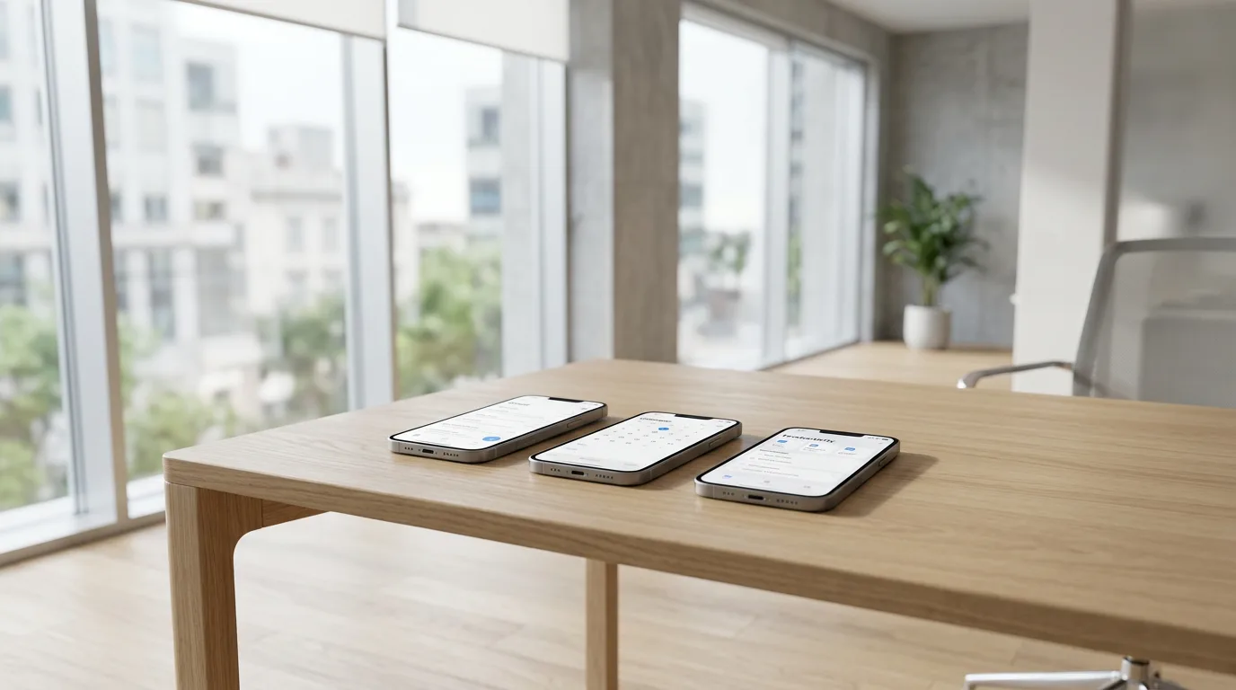 Three iPhones aligned on light oak desk each showing different app UI under soft natural light