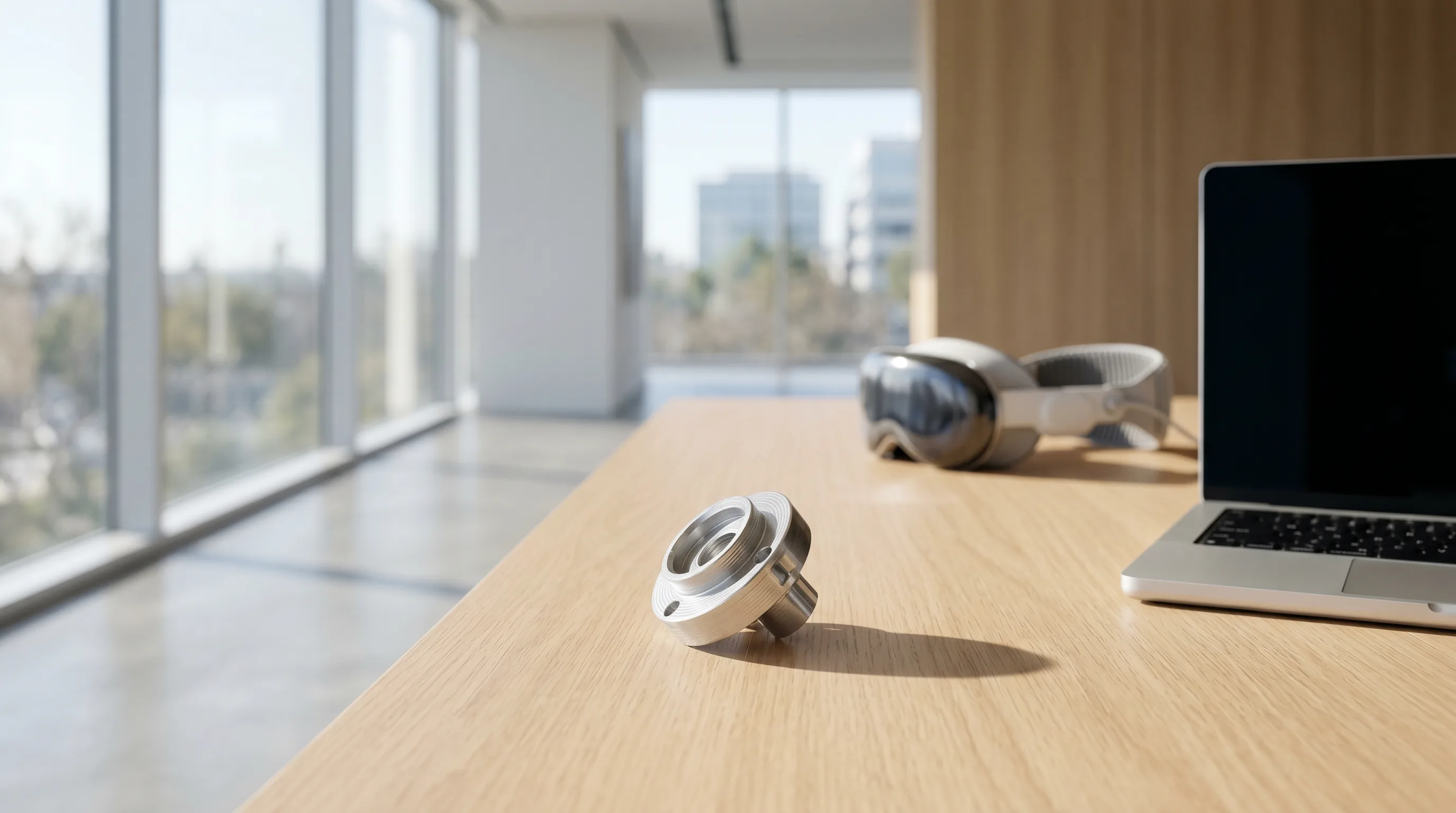 Precision aluminum component on oak desk with Vision Pro in background