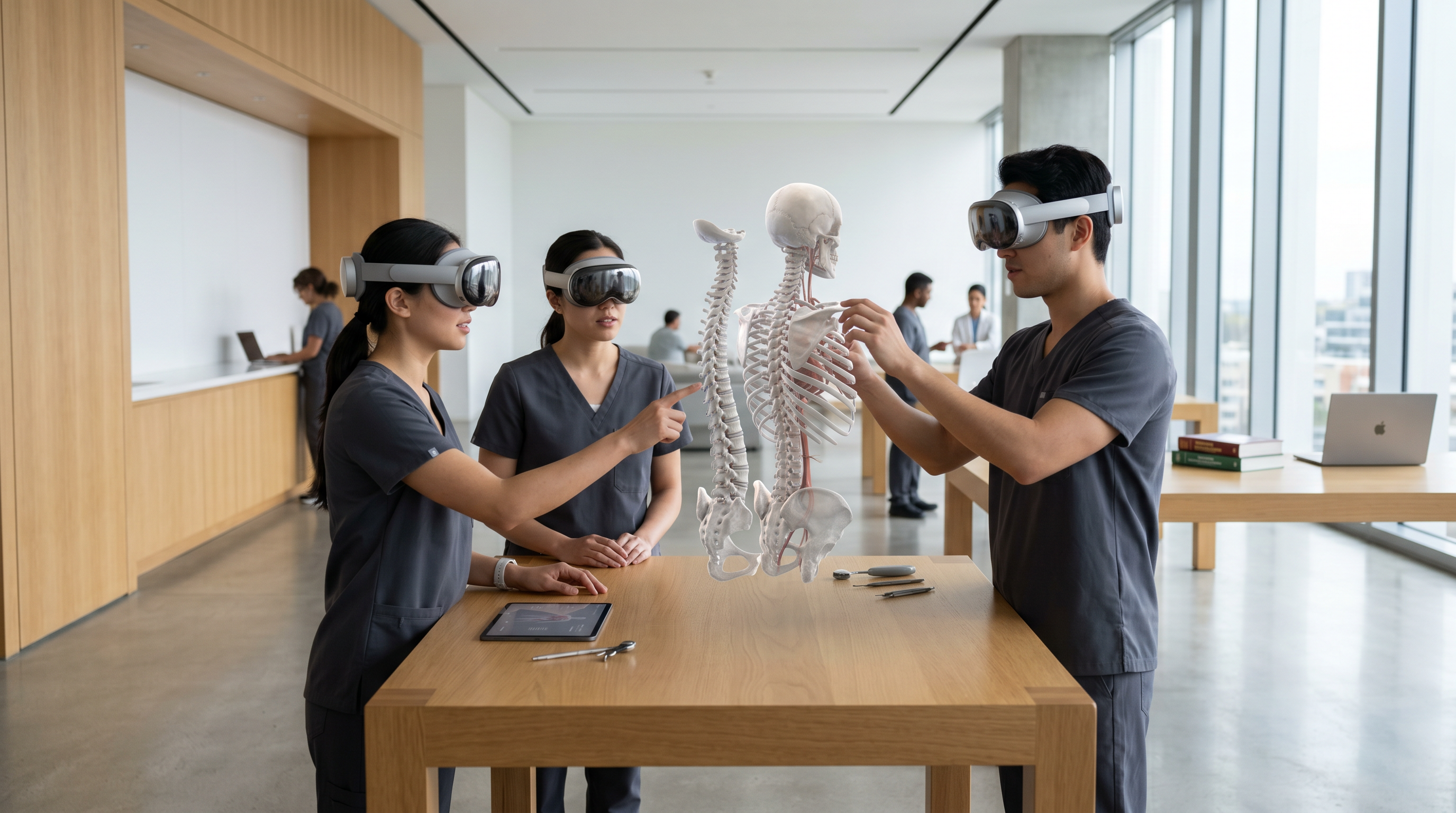 Medical students using XR headsets to study 3D anatomical models in training room