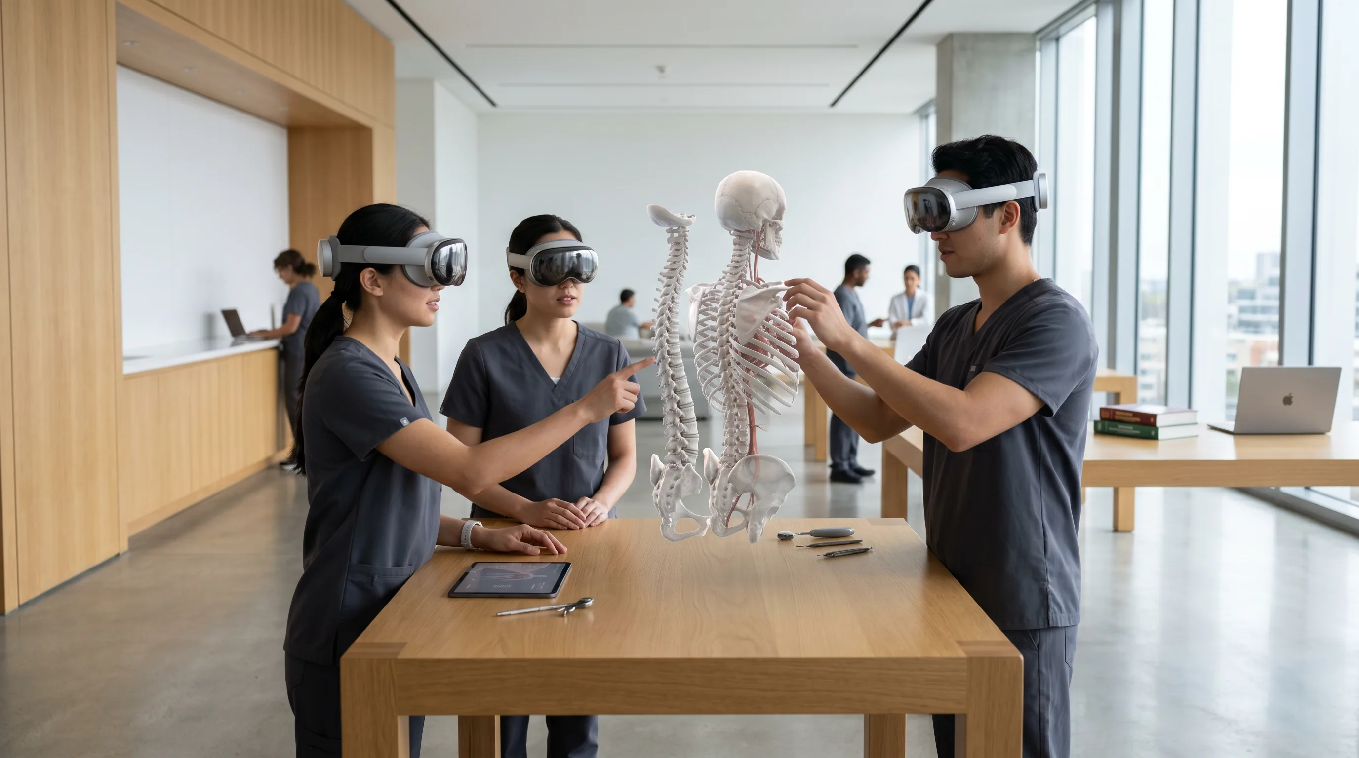 Medical students using XR headsets to study 3D anatomical models in training room
