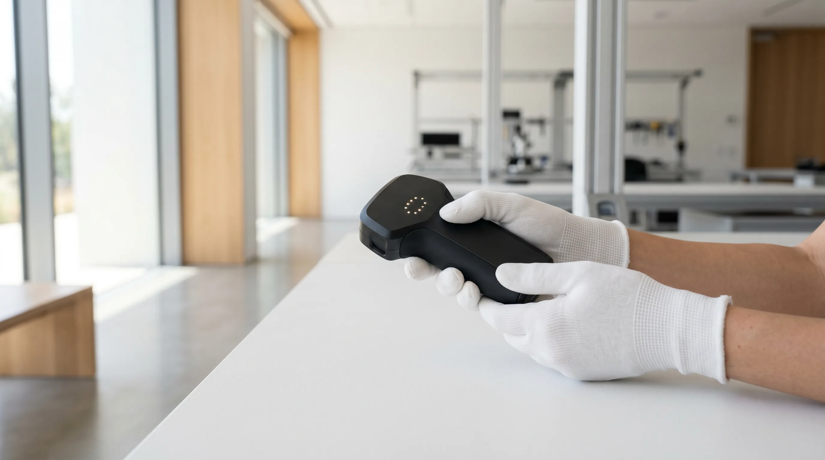 Gloved hands holding matte black precision tool over white workbench