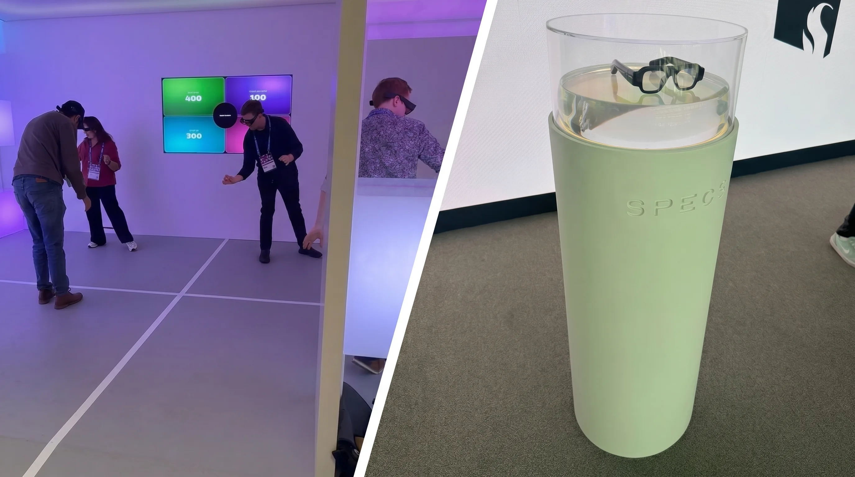Attendees testing Snap Specs augmented reality glasses and viewing the new Snap Specs hardware display at AWE 2026 in Long Beach, California.