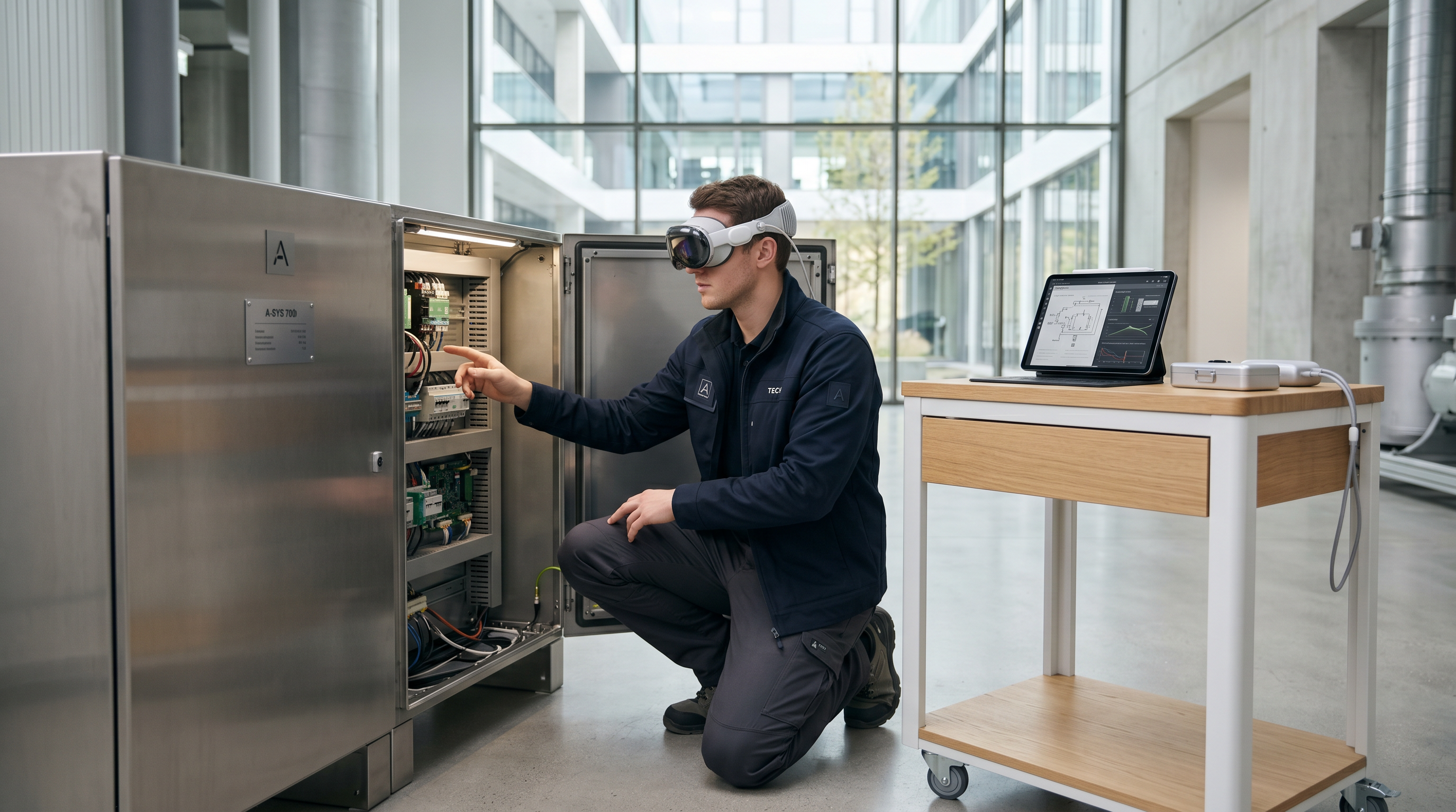 Technician using Apple Vision Pro beside industrial machine in bright minimalist workspace