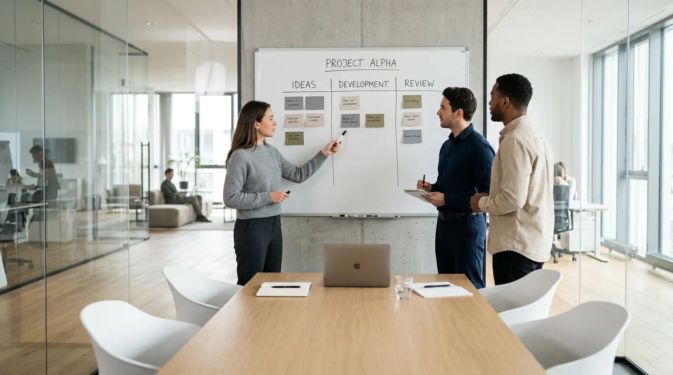 Three professionals collaborating at whiteboard with grid and sticky notes in glass meeting room
