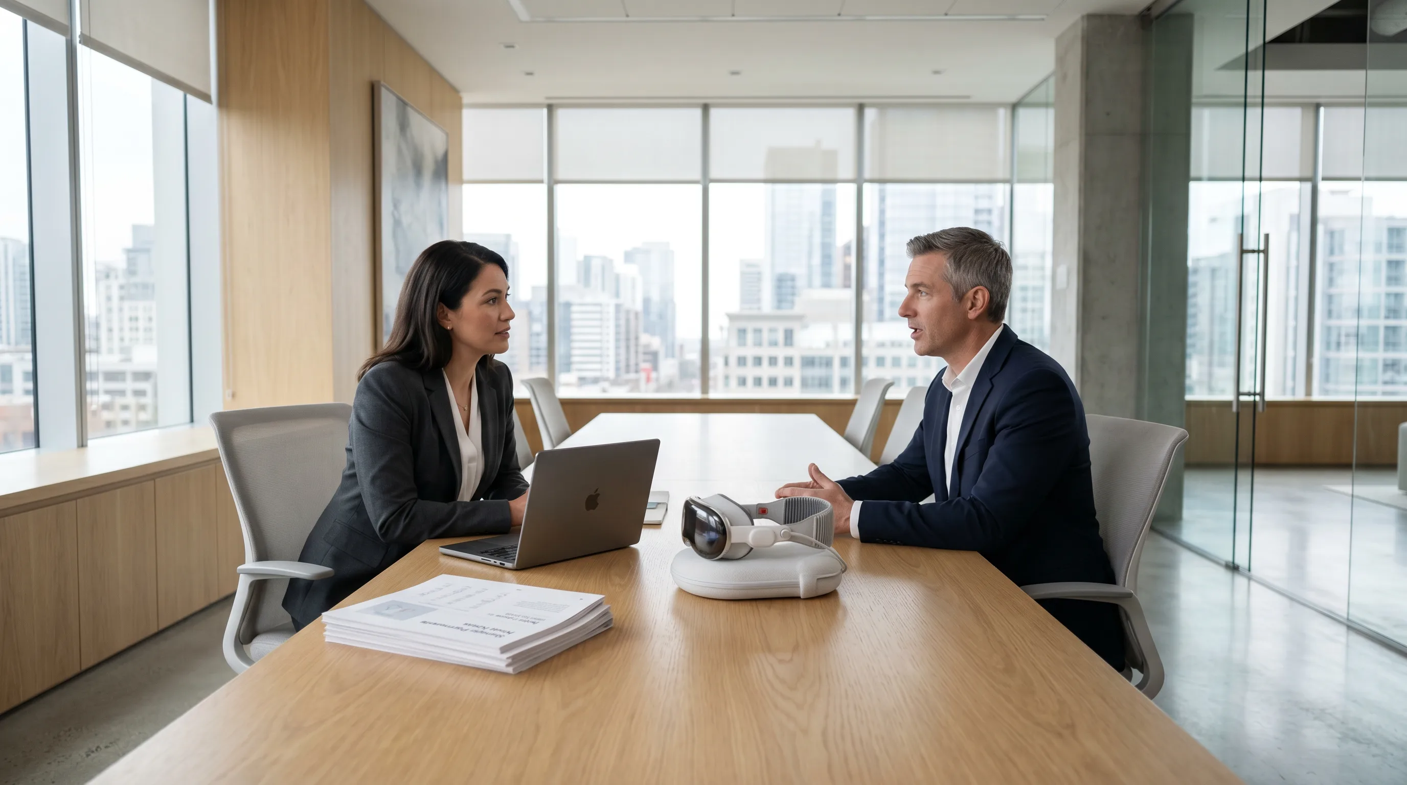 Two professionals discussing at conference table with Vision Pro between them
