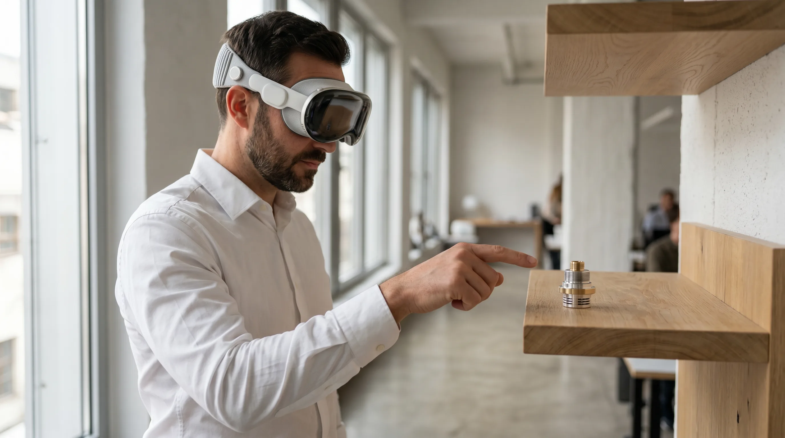 Professional examining industrial component using Apple Vision Pro near office window