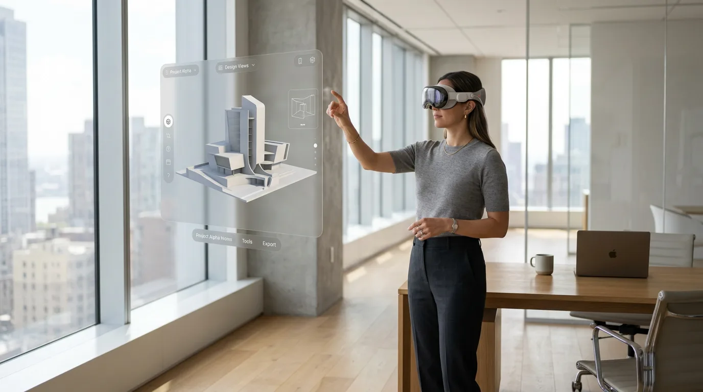 Professional wearing Vision Pro near window interacting with spatial 3D interface