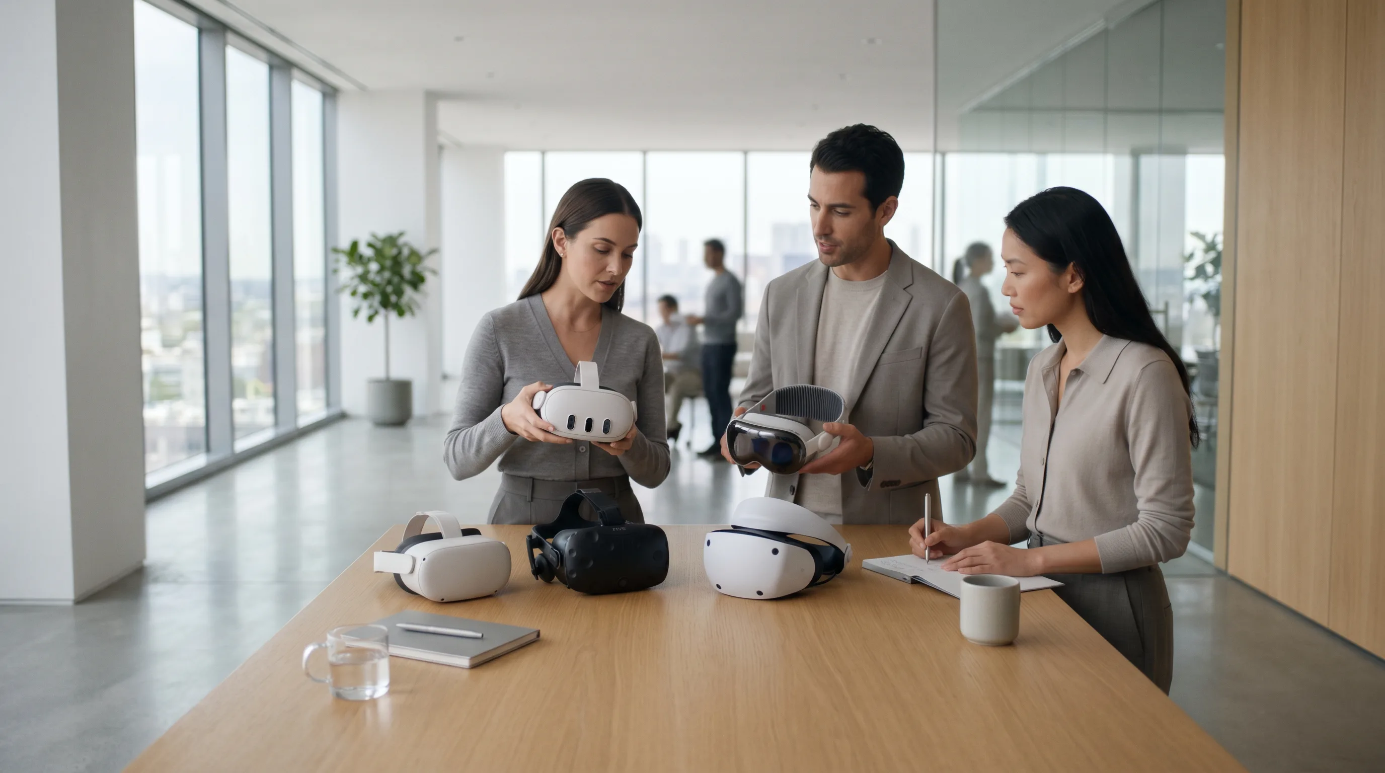 Designers comparing Meta Quest, HTC Vive, PlayStation VR2, and Vision Pro headsets on a sleek table.