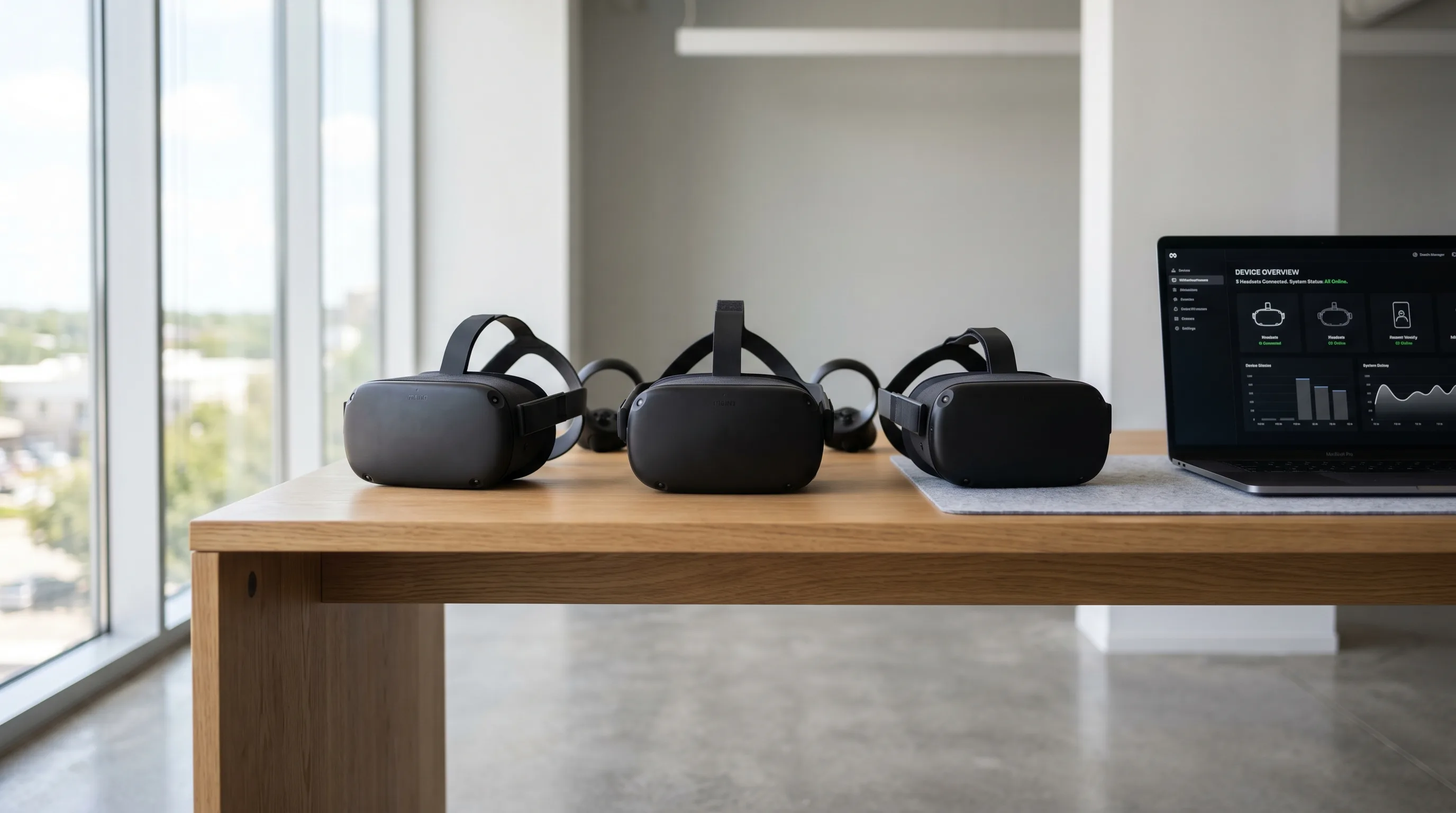 Three enterprise VR headsets arranged on a light oak desk beside a laptop with management dashboard