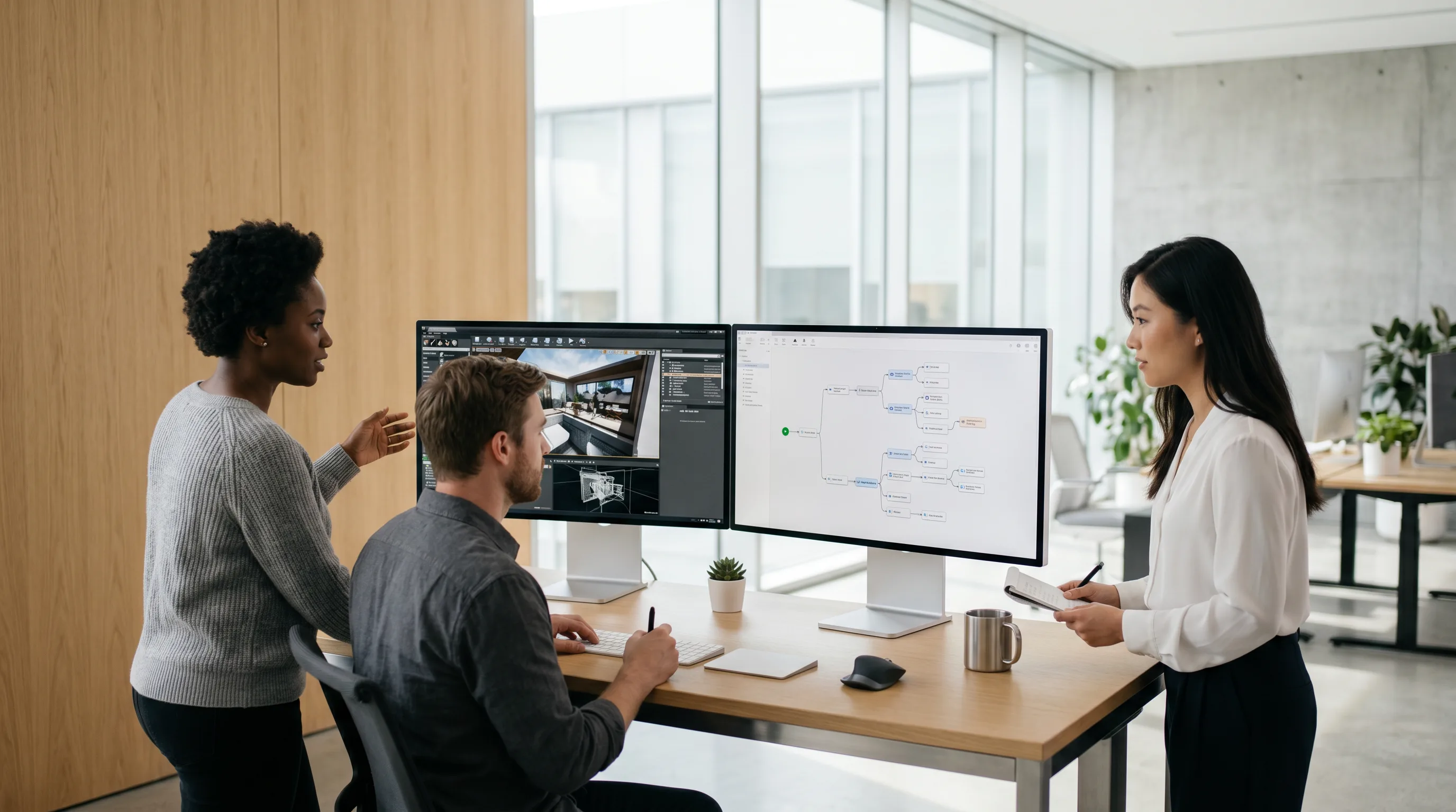 Team of developers and designers collaborating at dual monitors showing 3D training environment and flowchart