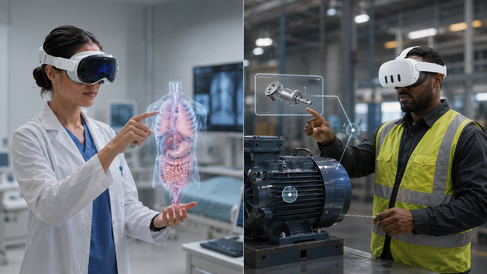 Technician using a standalone VR headset at a stainless steel workbench in a bright industrial workspace