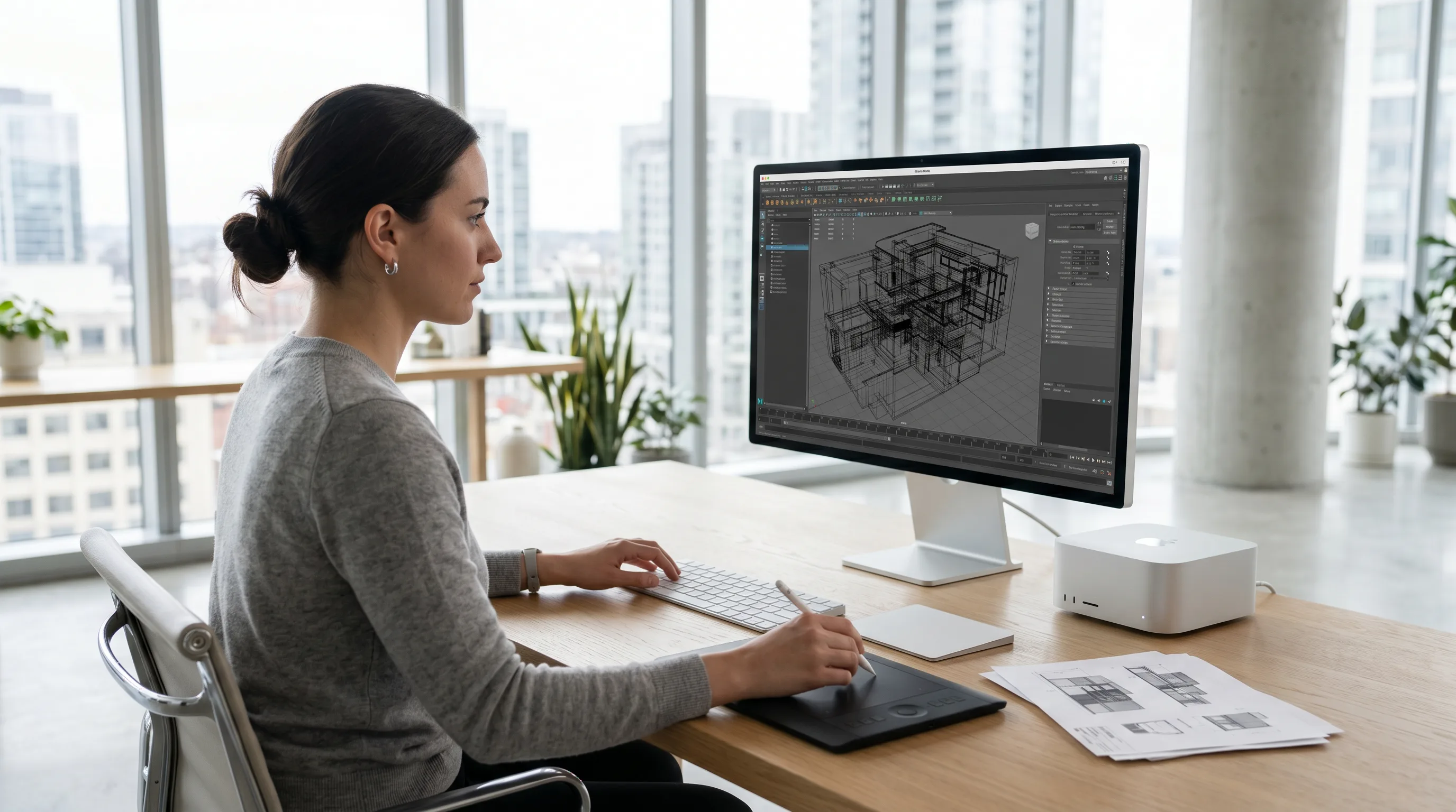 3D artist working on wireframe model at Mac Studio with graphics tablet.