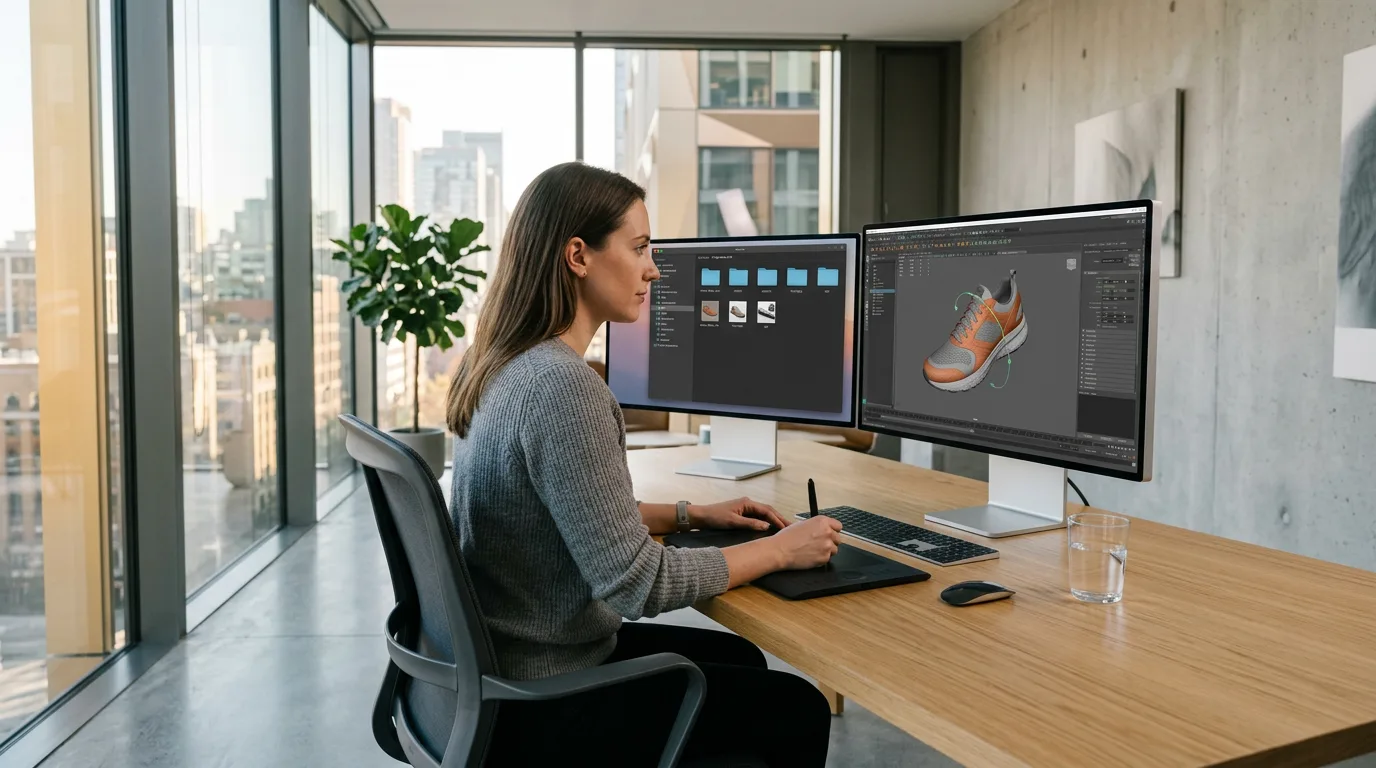 3D artist works on realistic shoe model with dual monitors in minimalist office.