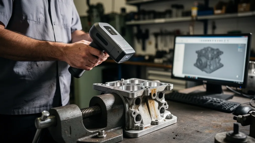 Technician using a handheld scanner for 3D scanning services on a metal part