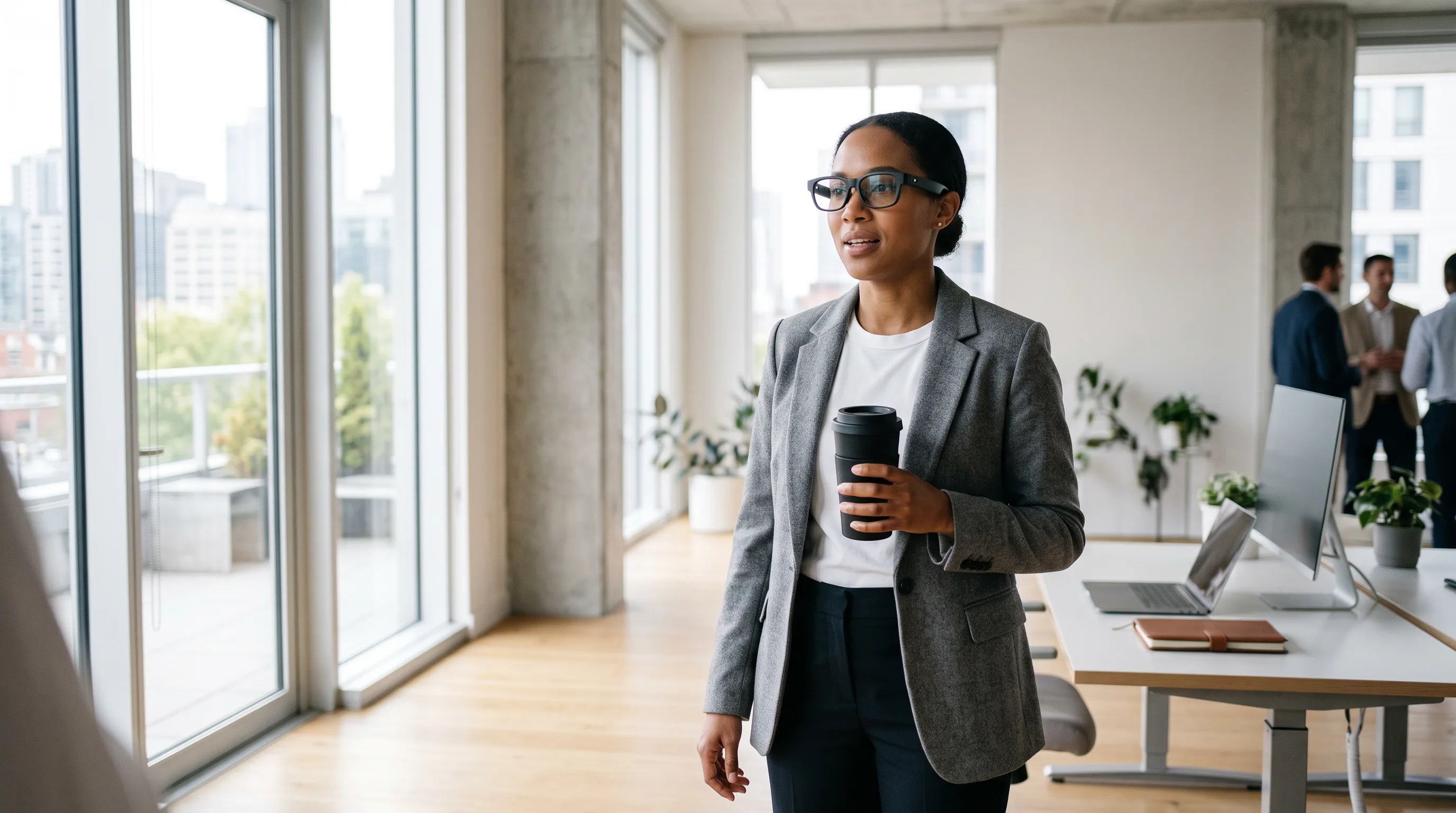 A professional wearing camera-equipped AI audio smart glasses holds a coffee cup mid-conversation in a bright, open-plan
