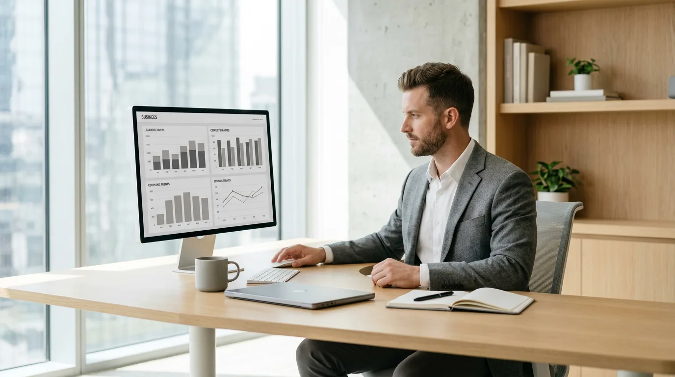 Professional reviewing training analytics dashboard on large monitor in minimalist office