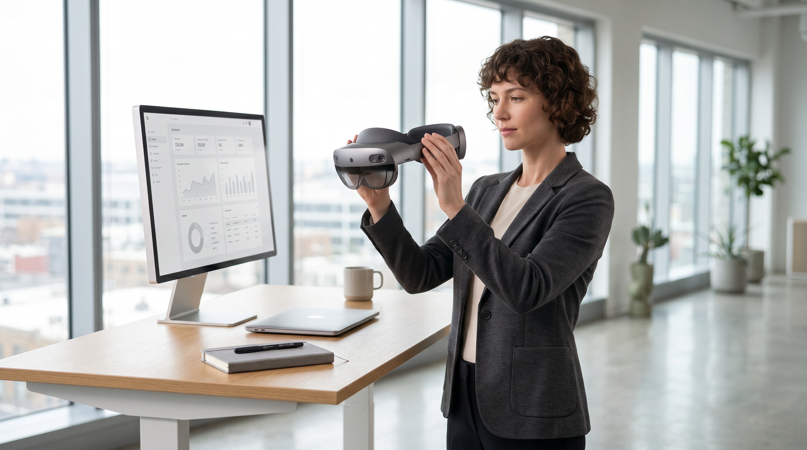 Professional at standing desk inspecting sleek mixed-reality headset in bright minimalist office