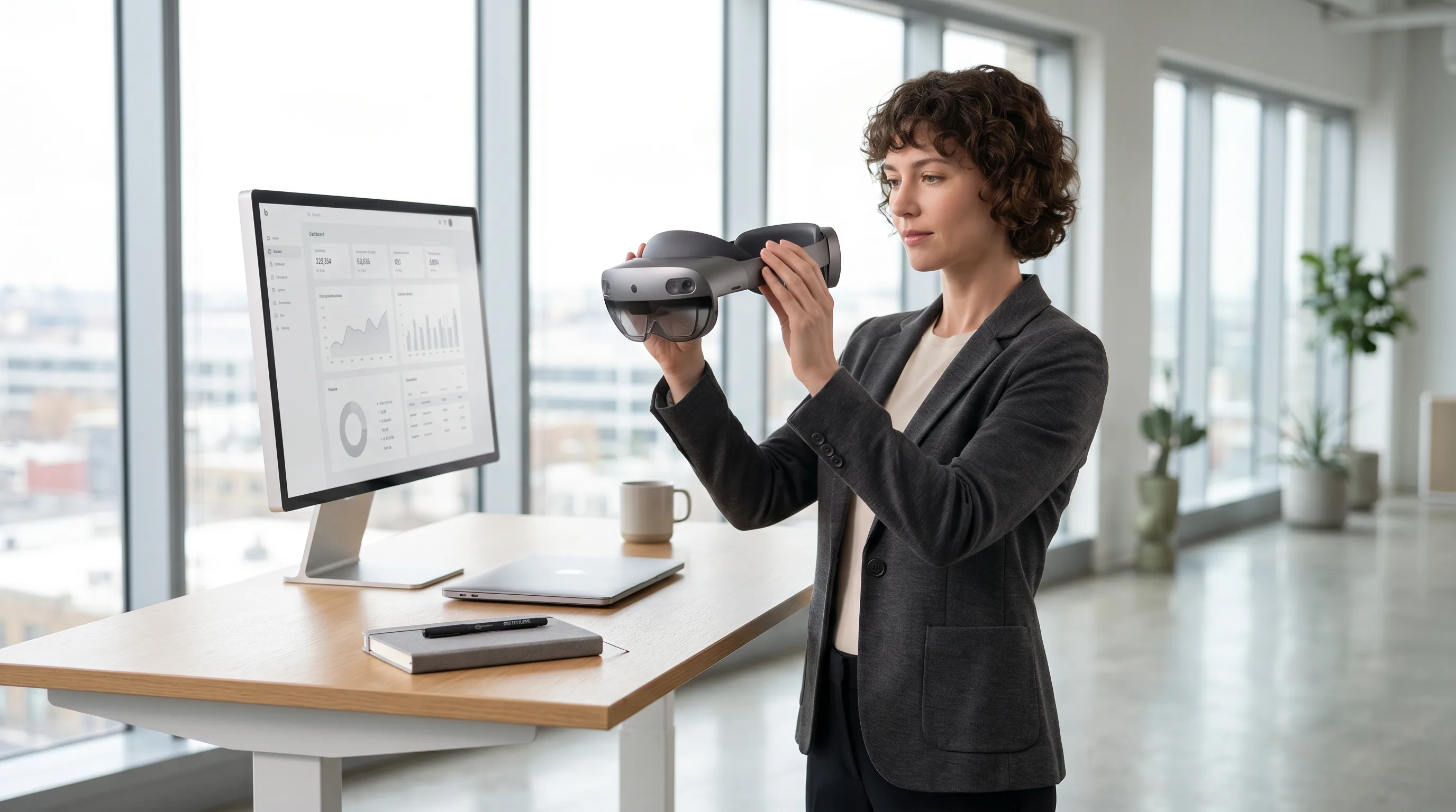 Professional at standing desk inspecting sleek mixed-reality headset in bright minimalist office