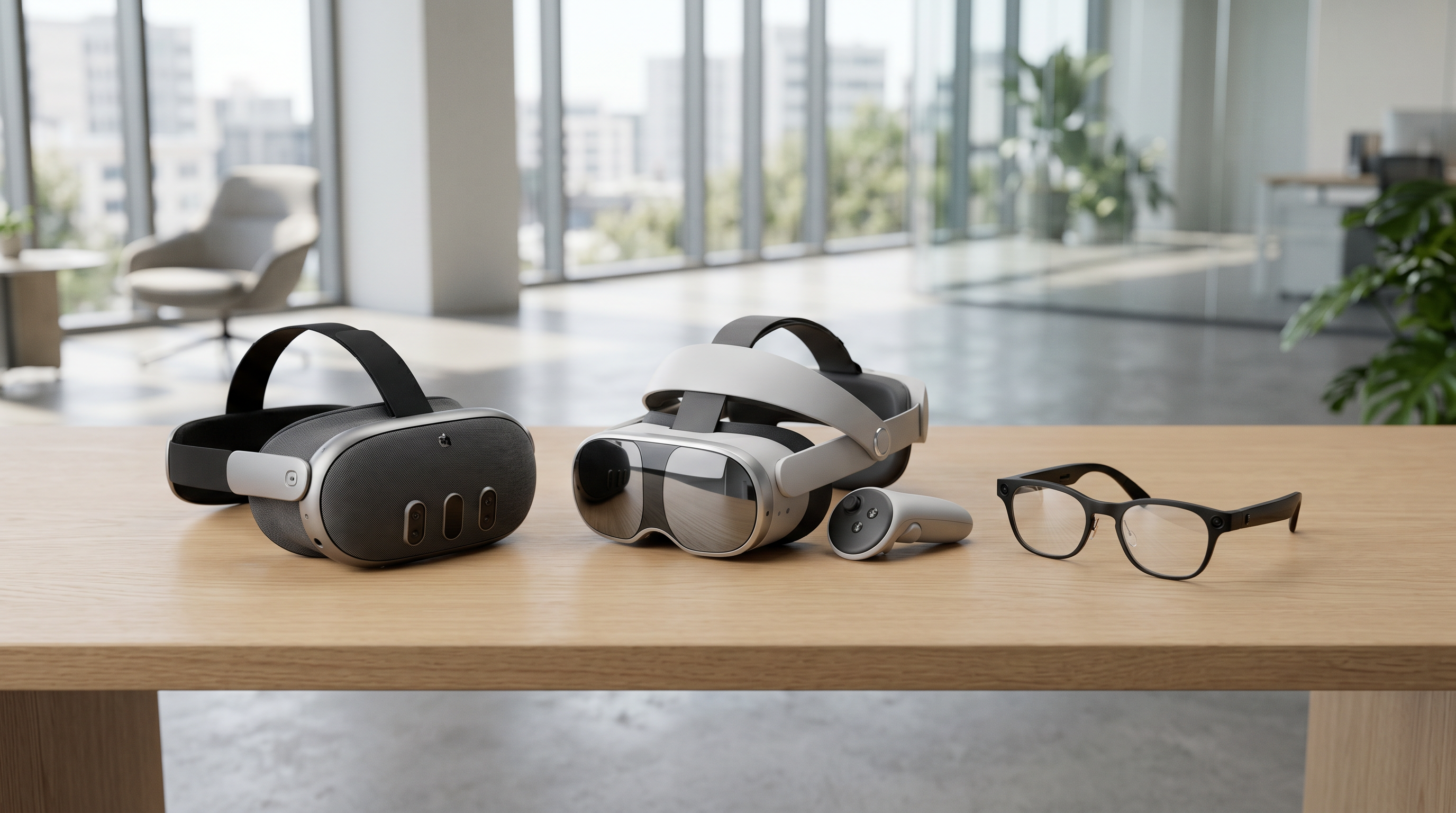 Two mixed-reality headsets and minimalist smart glasses arranged on light oak surface