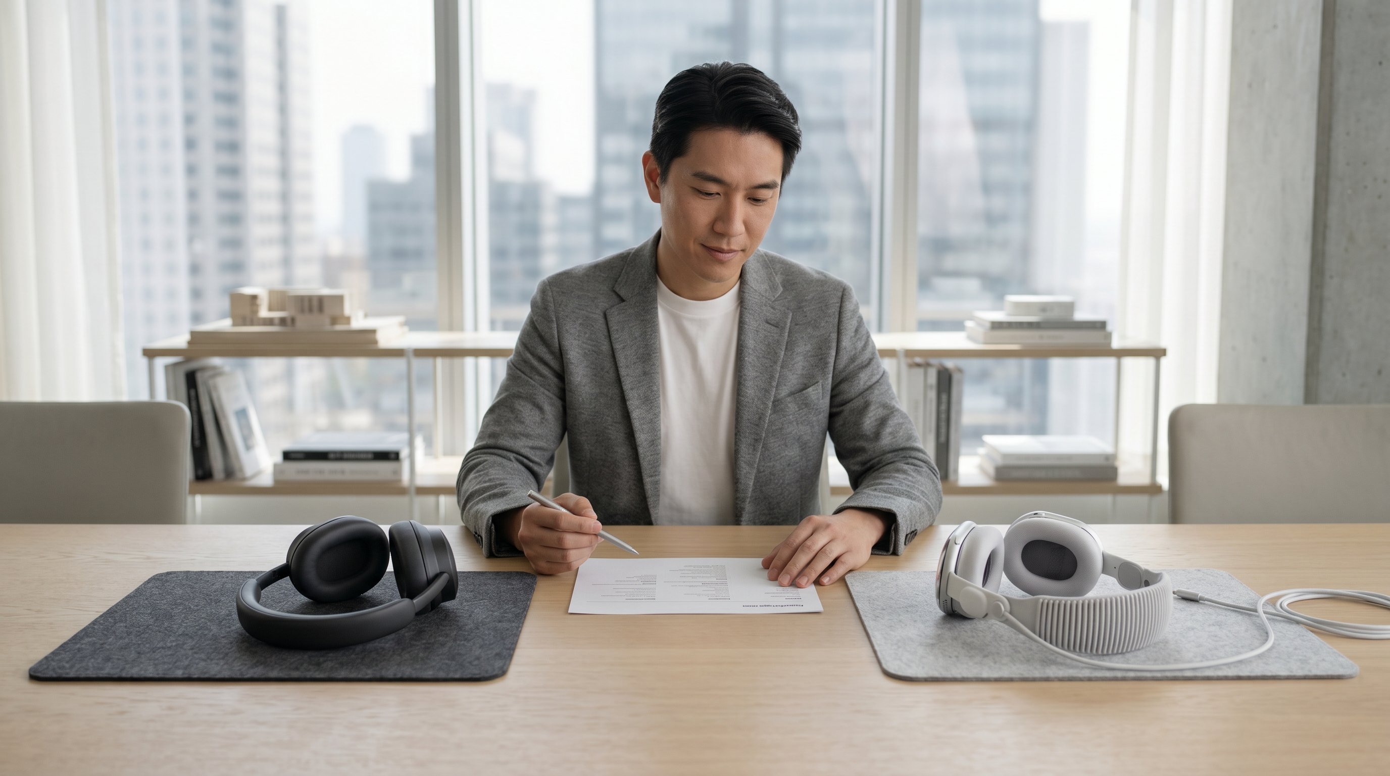 Business professional reviewing specs beside two enterprise XR headsets on table