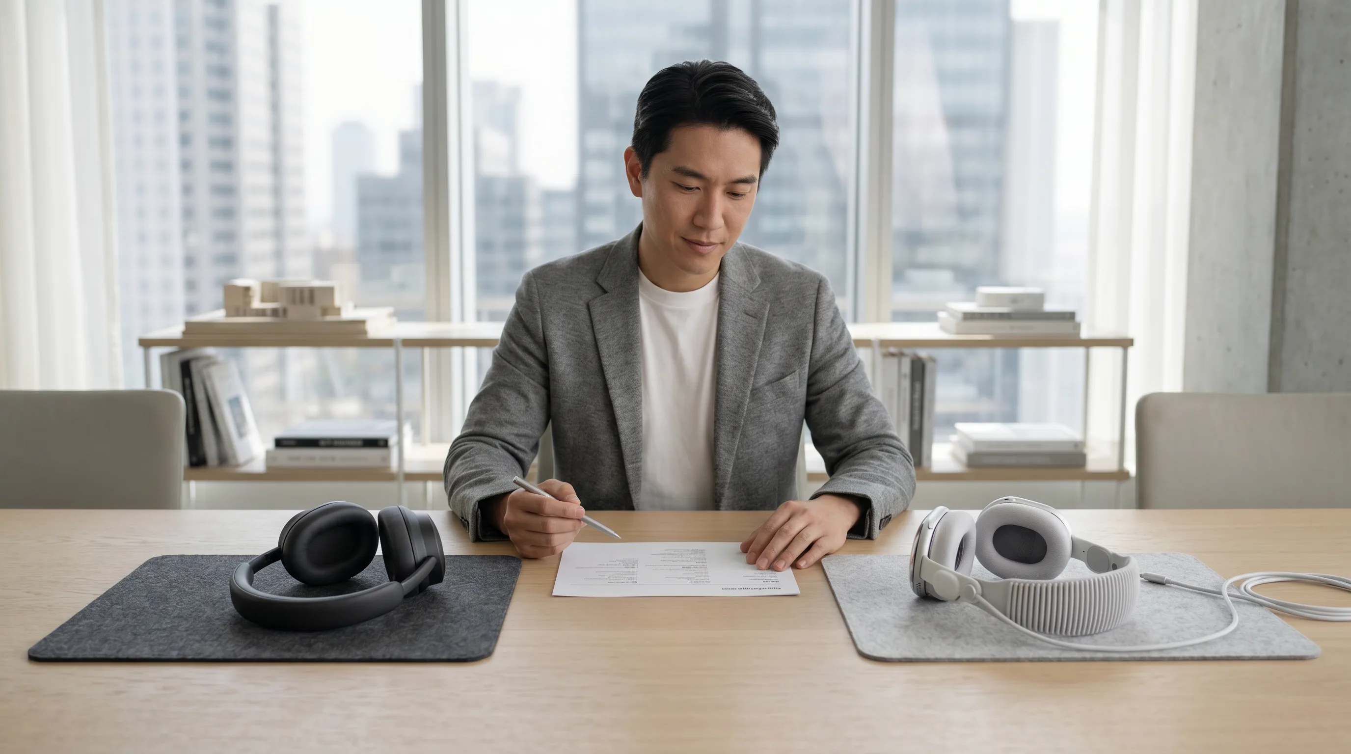 Business professional reviewing specs beside two enterprise XR headsets on table
