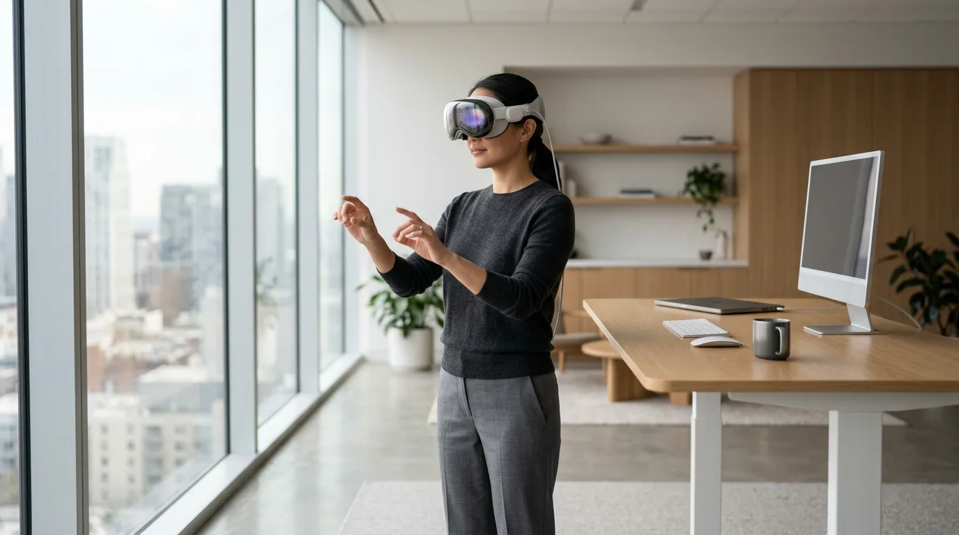 Professional wearing an Apple Vision Pro headset interacting with spatial controls near a floor-to-ceiling office window.