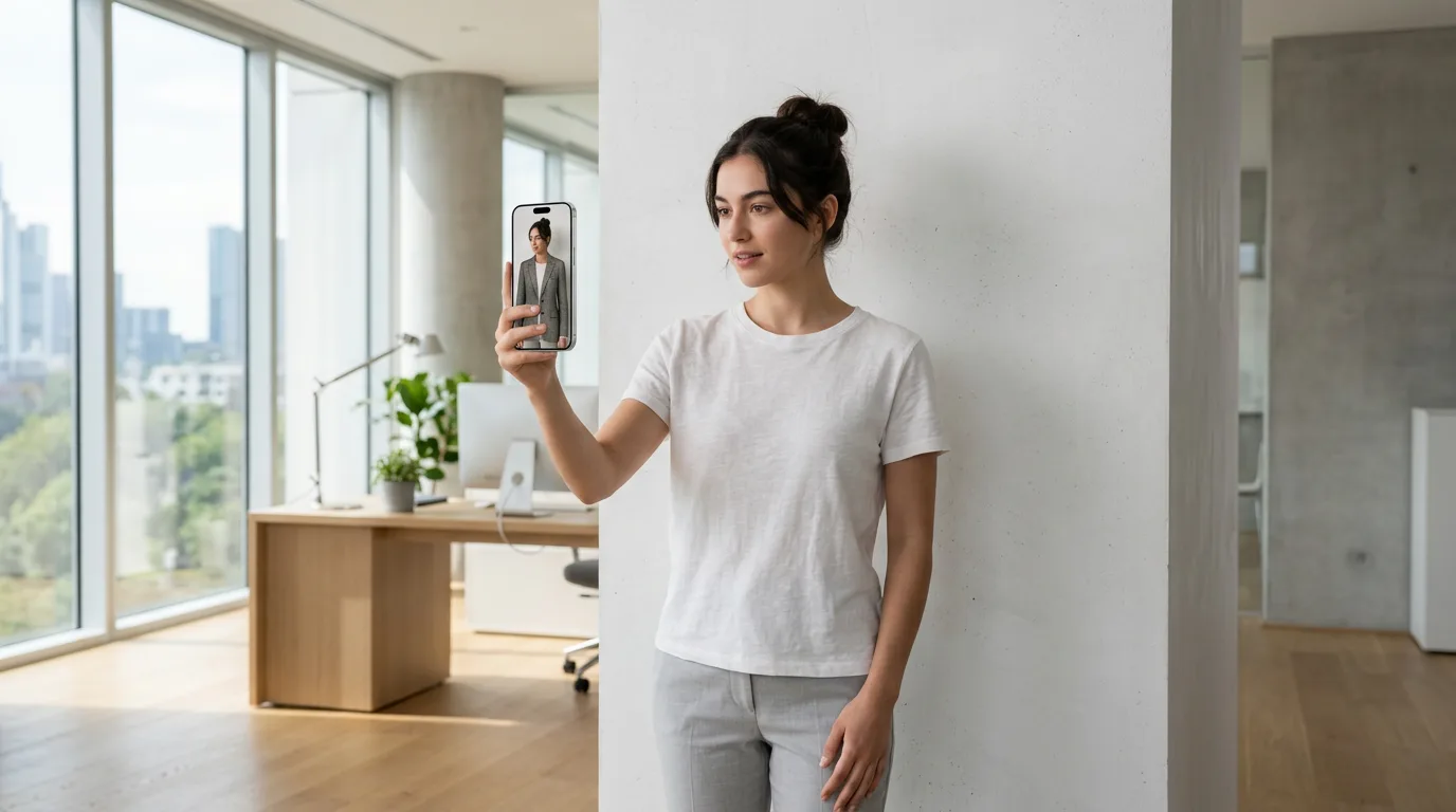 Woman tests digital jacket overlay on smartphone using AR in bright minimalist room.