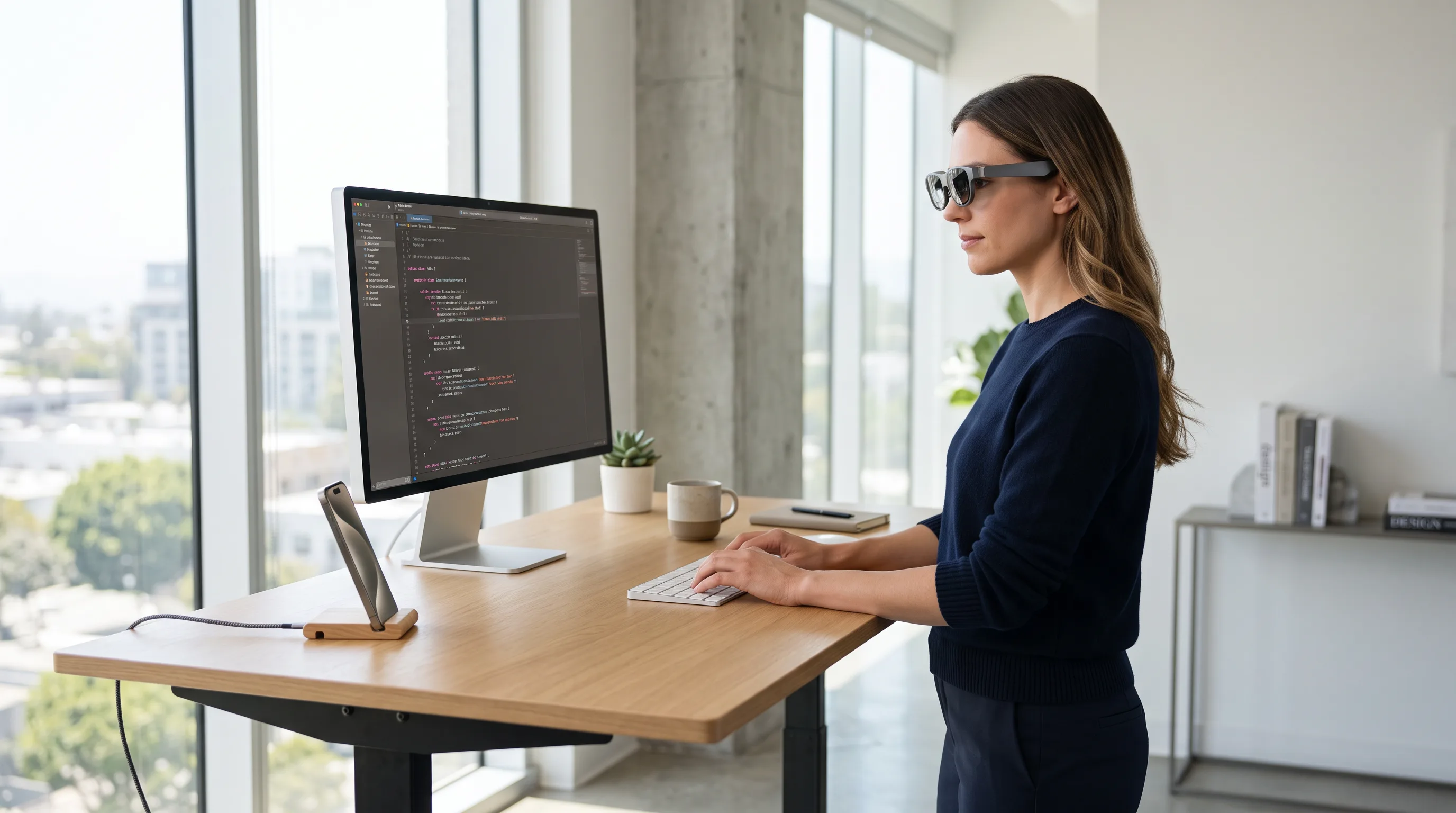 A software developer wearing wide AR display glasses stands at a sit-stand desk with a code-filled monitor and