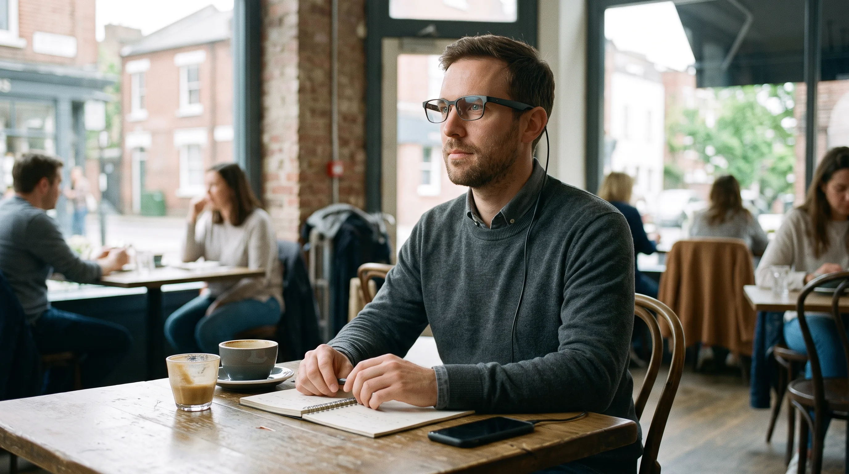 Man at a cafe wears tethered AR display glasses connected to his phone