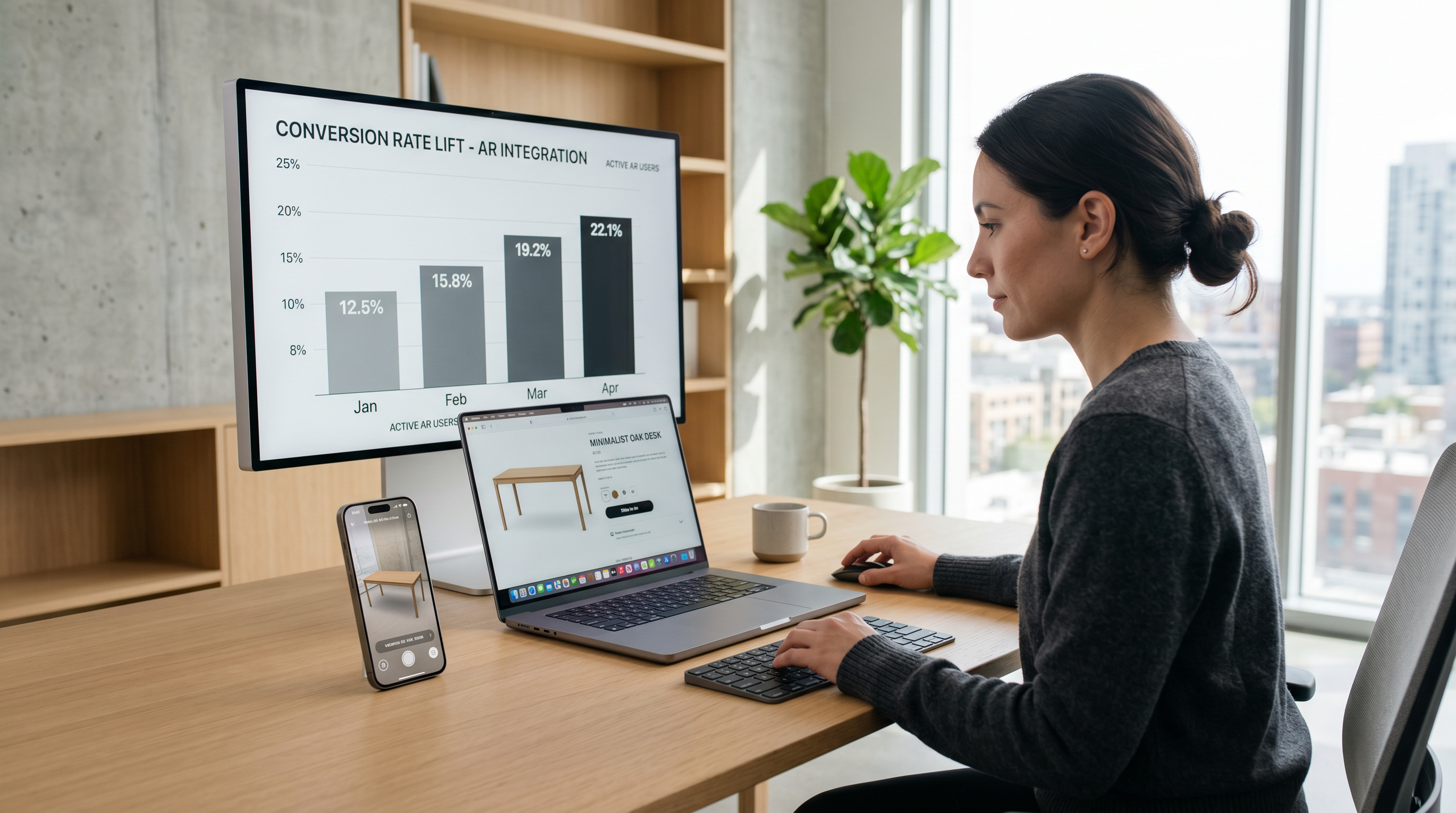 Retail professional reviewing AR e-commerce dashboard on laptop in bright office