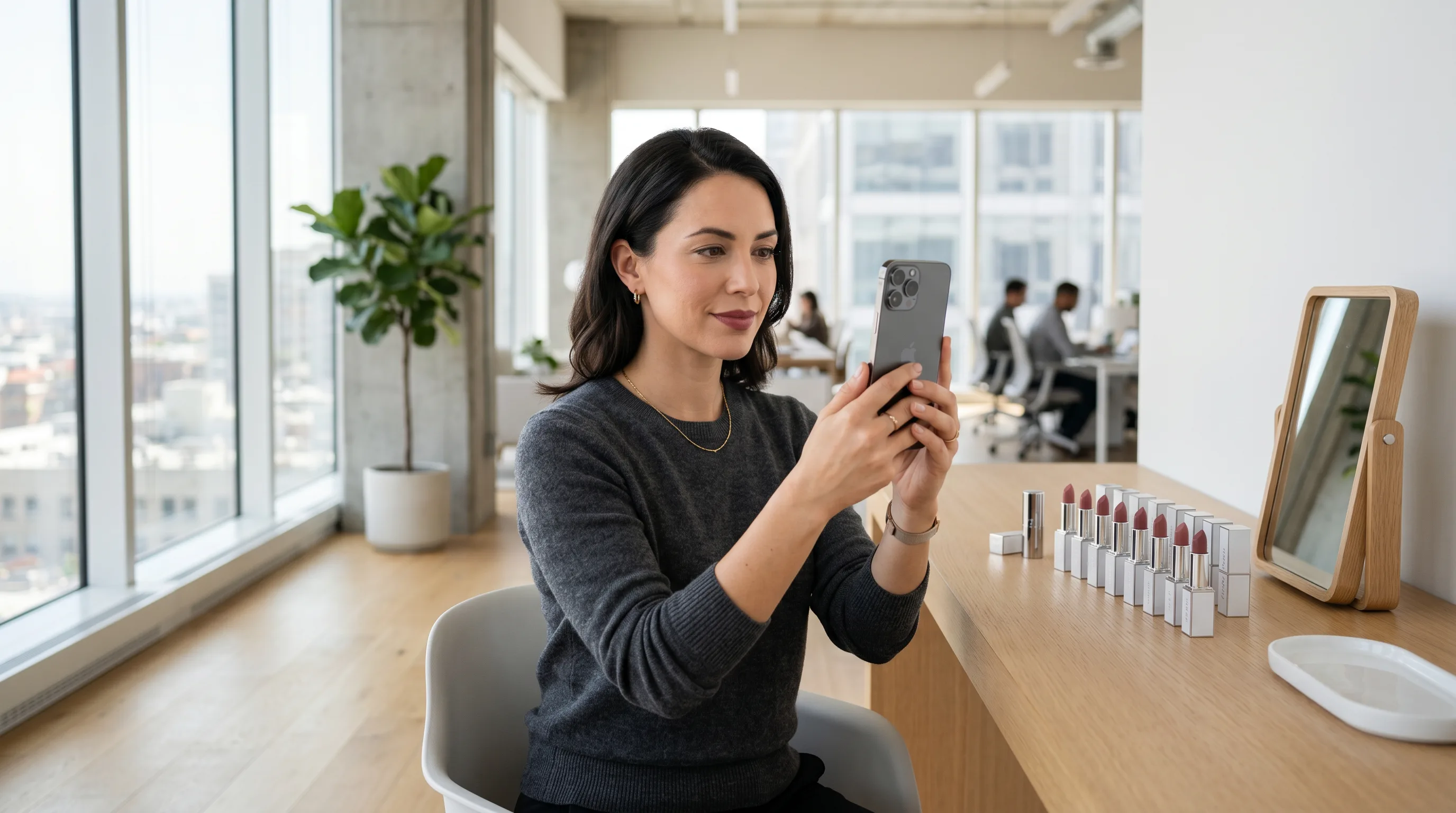Woman testing virtual lipstick shade with smartphone at minimalist vanity