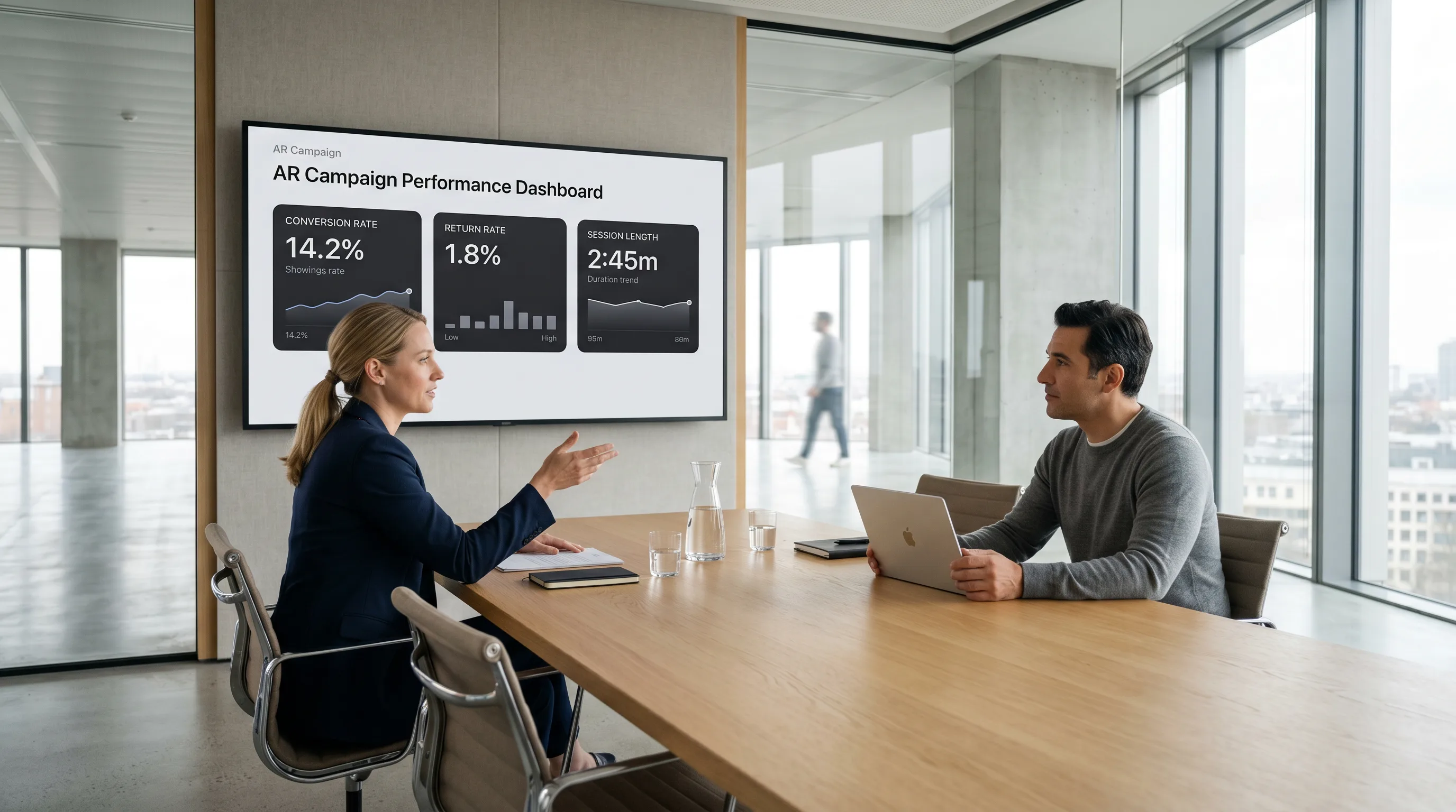 Marketing team reviewing AR campaign metrics on wall display in bright meeting room