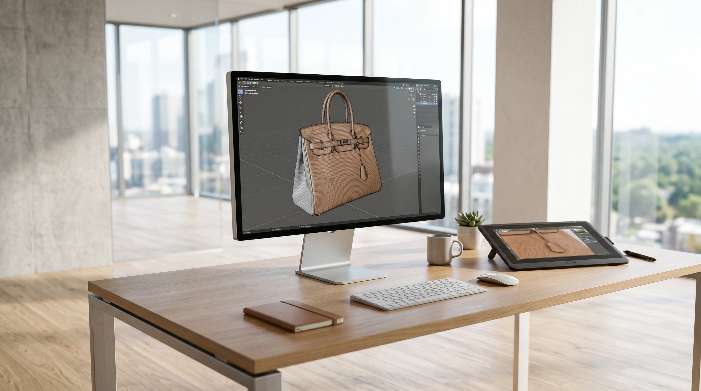 Minimalist 3D modeler workspace with handbag render on monitor in bright modern office