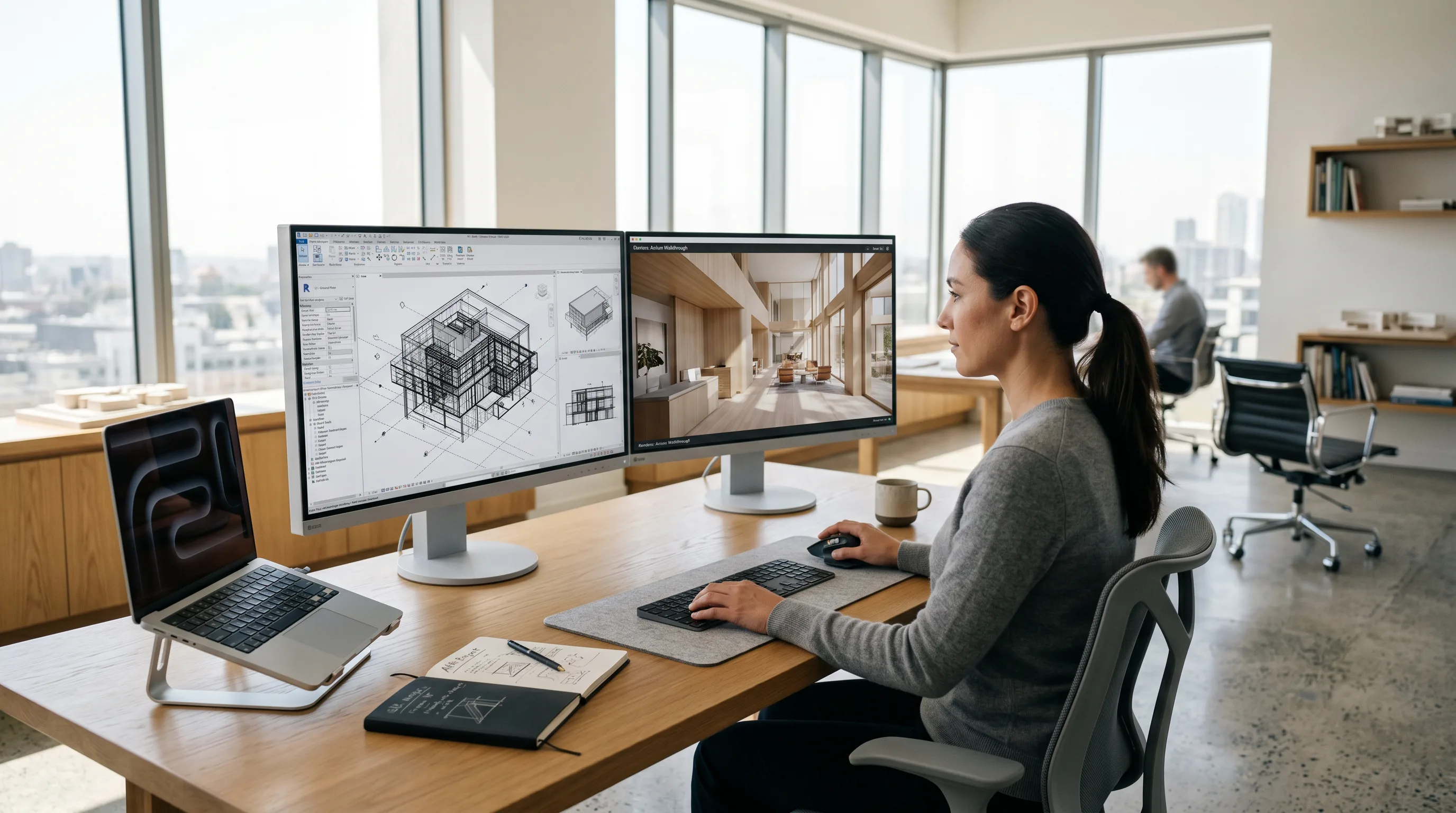 Architect viewing Revit wireframe and rendered walkthrough on dual monitors in modern office