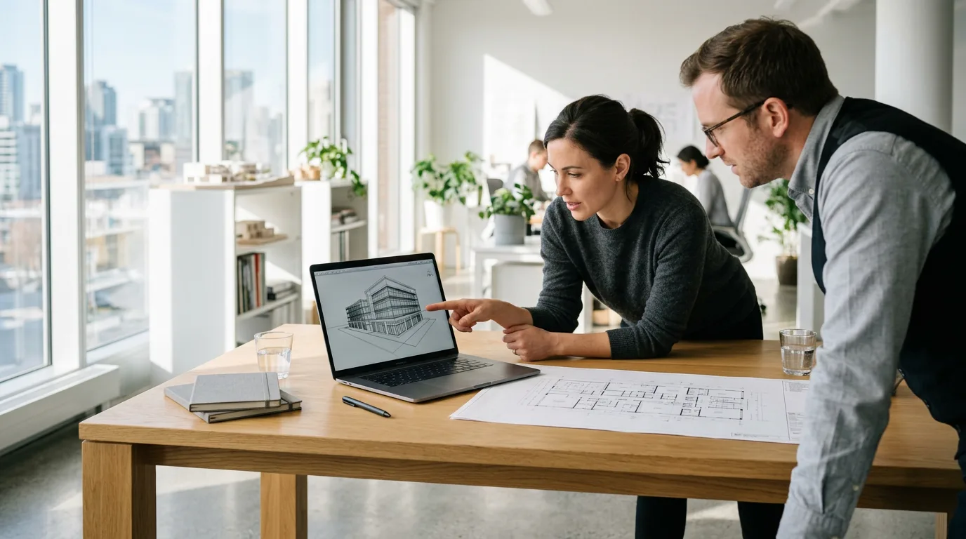 Two architects leaning over a wide desk reviewing a greyscale wireframe BIM model of a commercial building on a laptop.