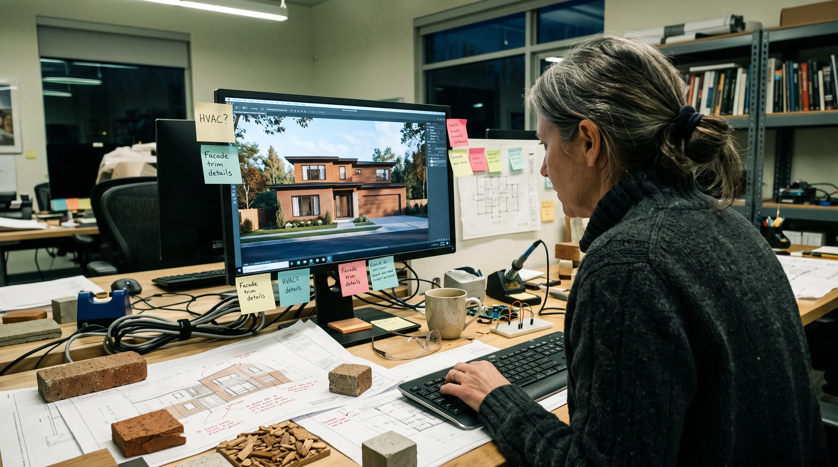 An architect reviews a residential exterior visualization on a wide studio monitor.