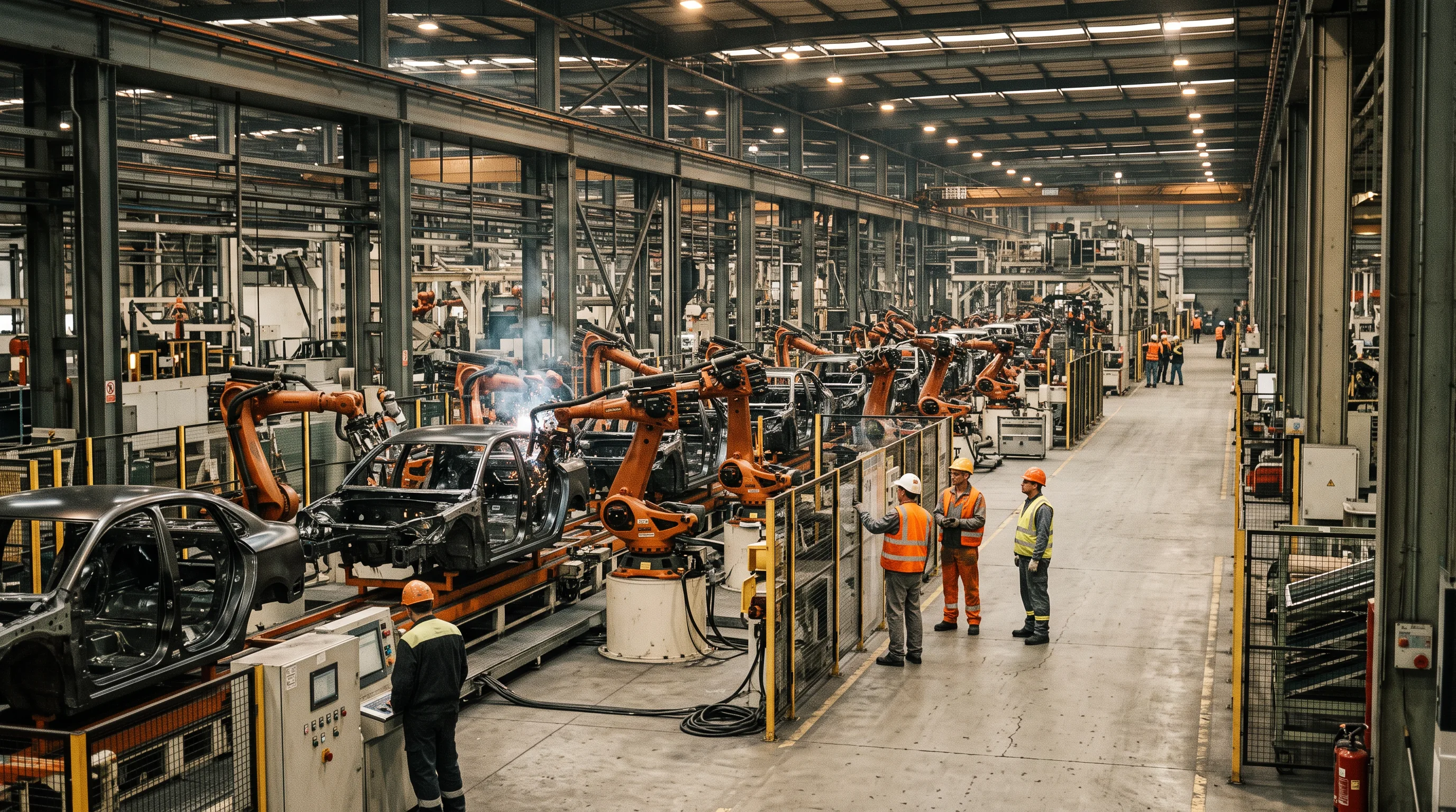 Industrial robot arms weld car bodies on an automotive assembly line