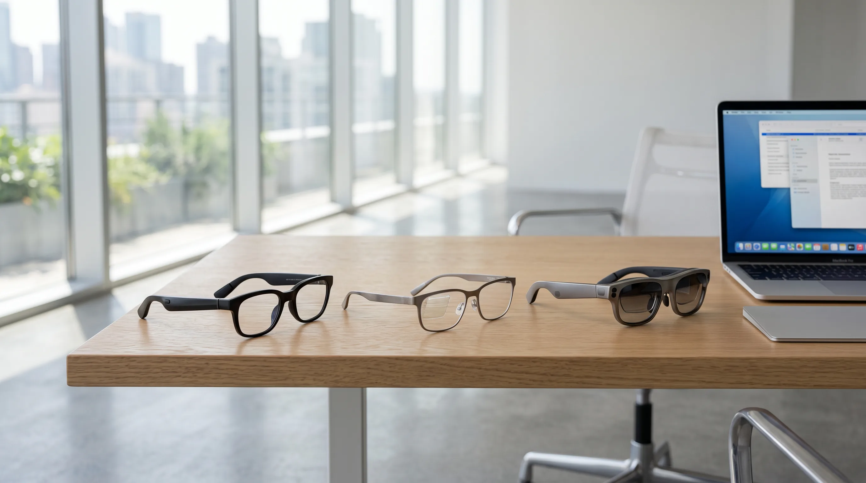 Three pairs of best smart glassesm — AI audio, HUD, and AR display frames — resting on a light oak desk beside a silver