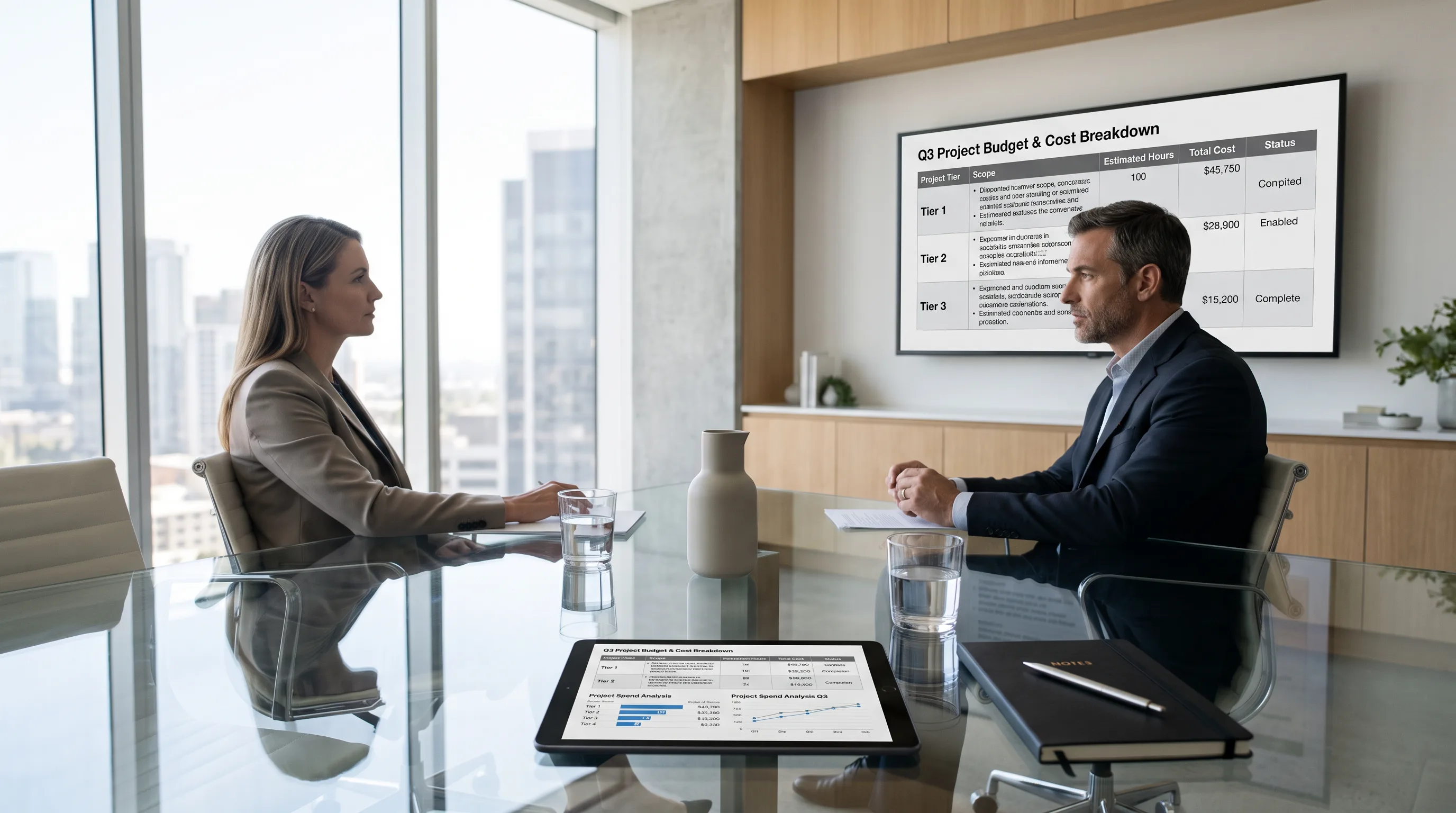 Two business professionals reviewing a cost breakdown table for a spatial computing project in a glass boardroom